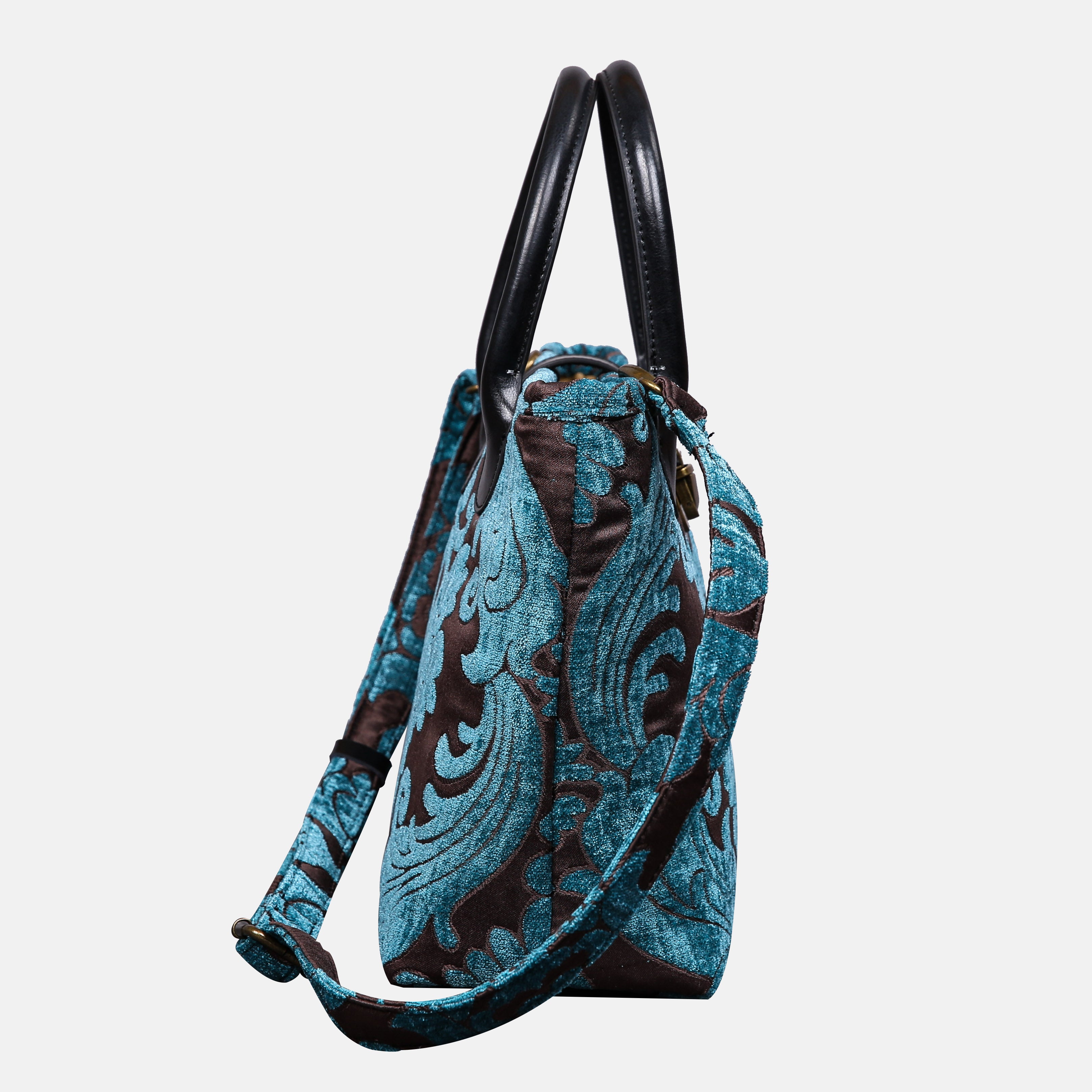 Queen Azure Blue Tuck Lock Carpet Satchel carpet bag MCW Handmade of America side