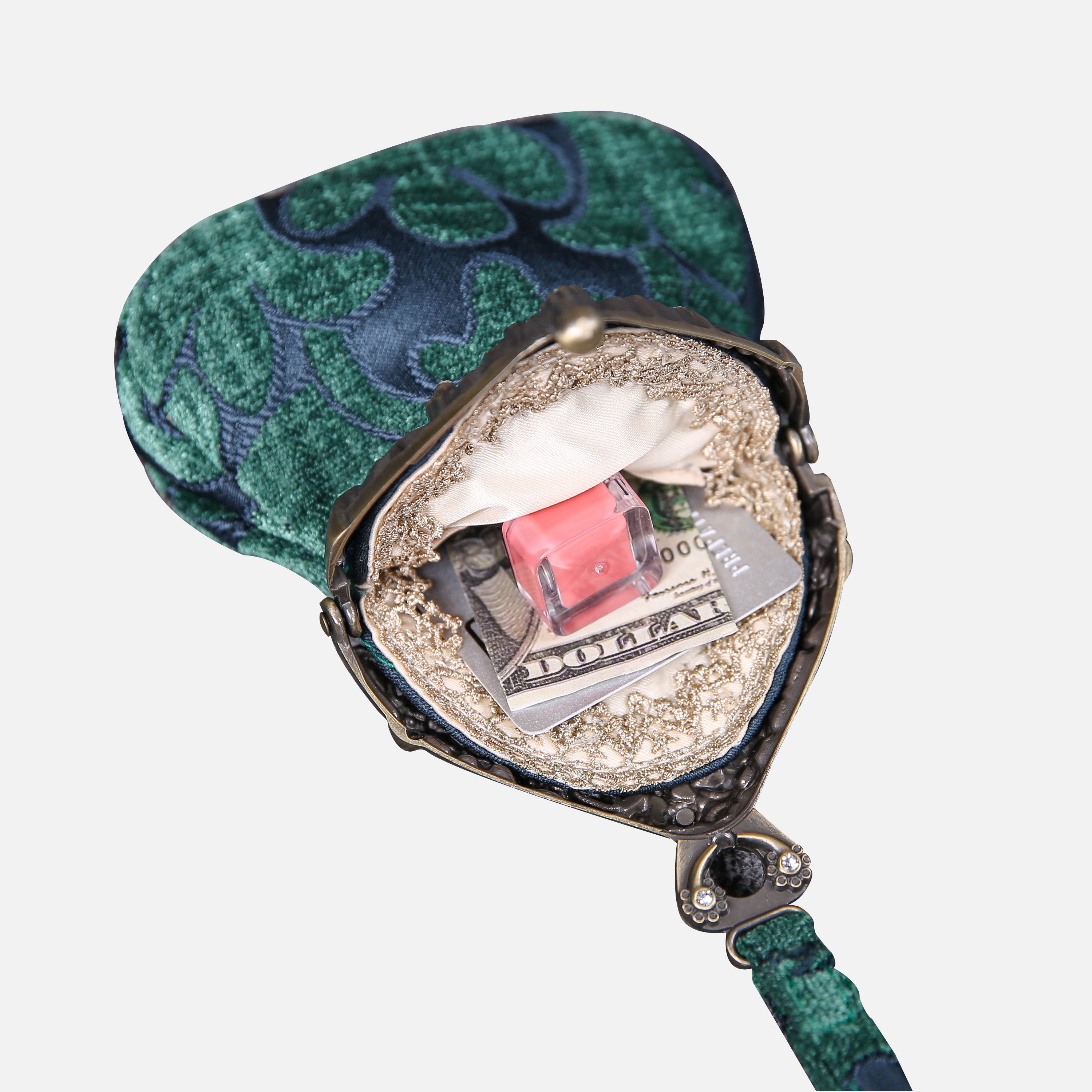 Queen Hunter Green Chatelaine Purse Wristlet Bag carpet bag of America in use