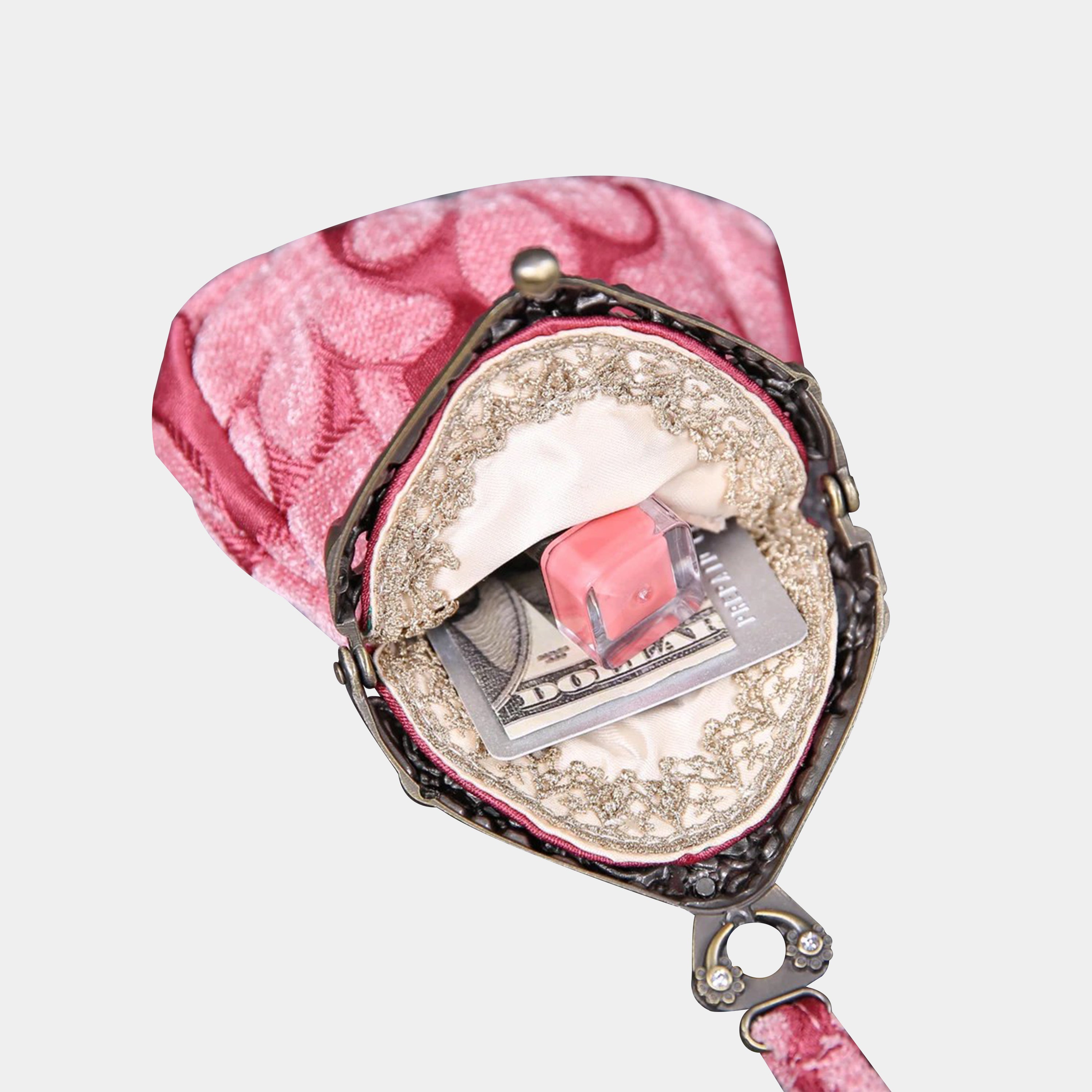 Queen Rose Pink Chatelaine Purse Wristlet Bag carpet bag of America in use