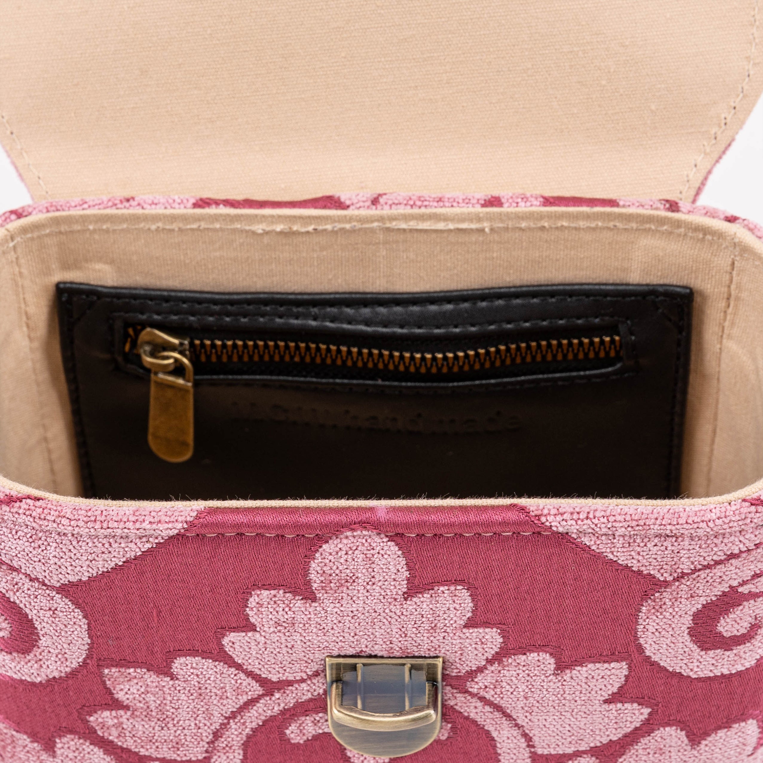 Queen Rose Pink Emma Small Train Case Crossbody of America inside zipper