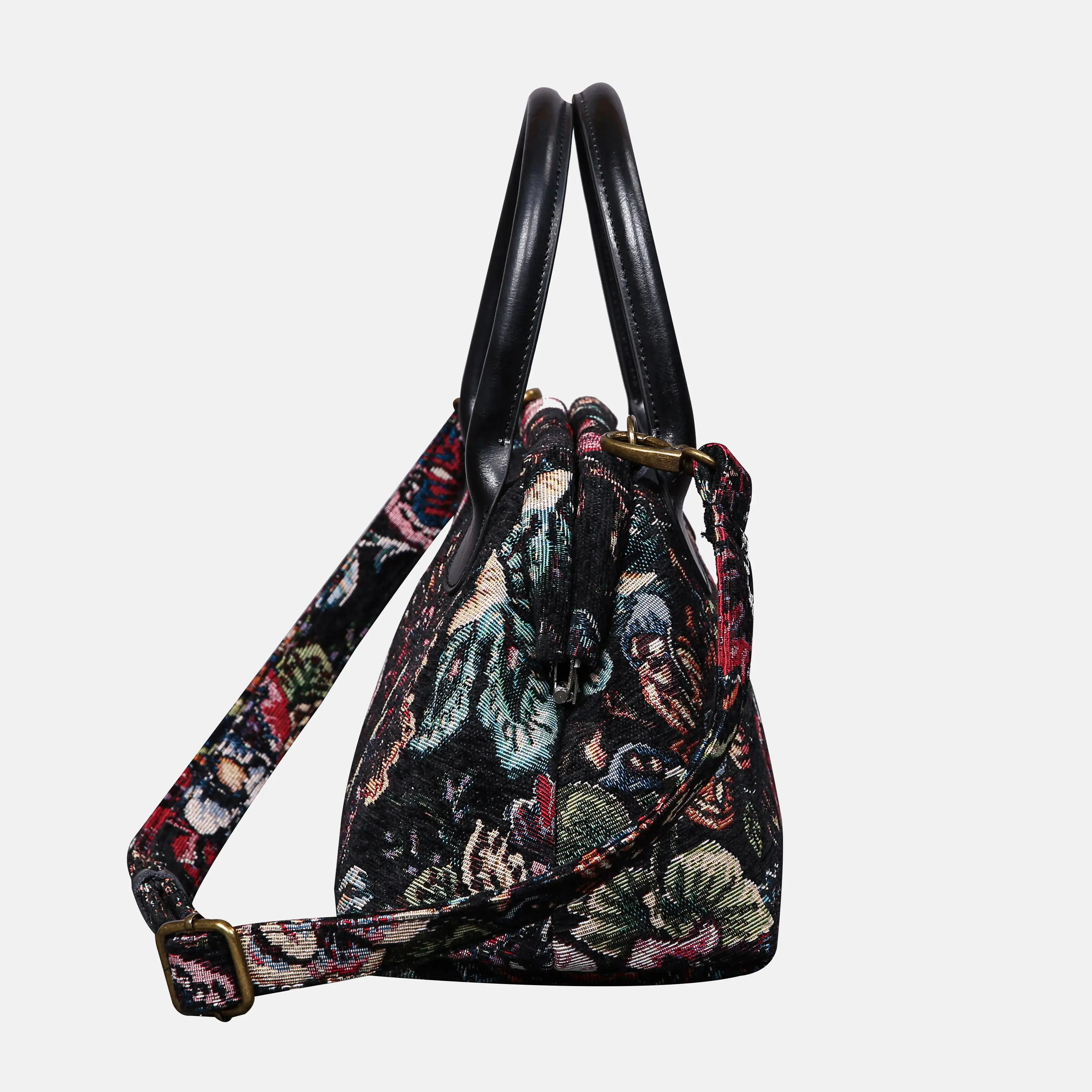 Rose Garden Black Carpet Satchel carpet bag MCW Handmade of America side