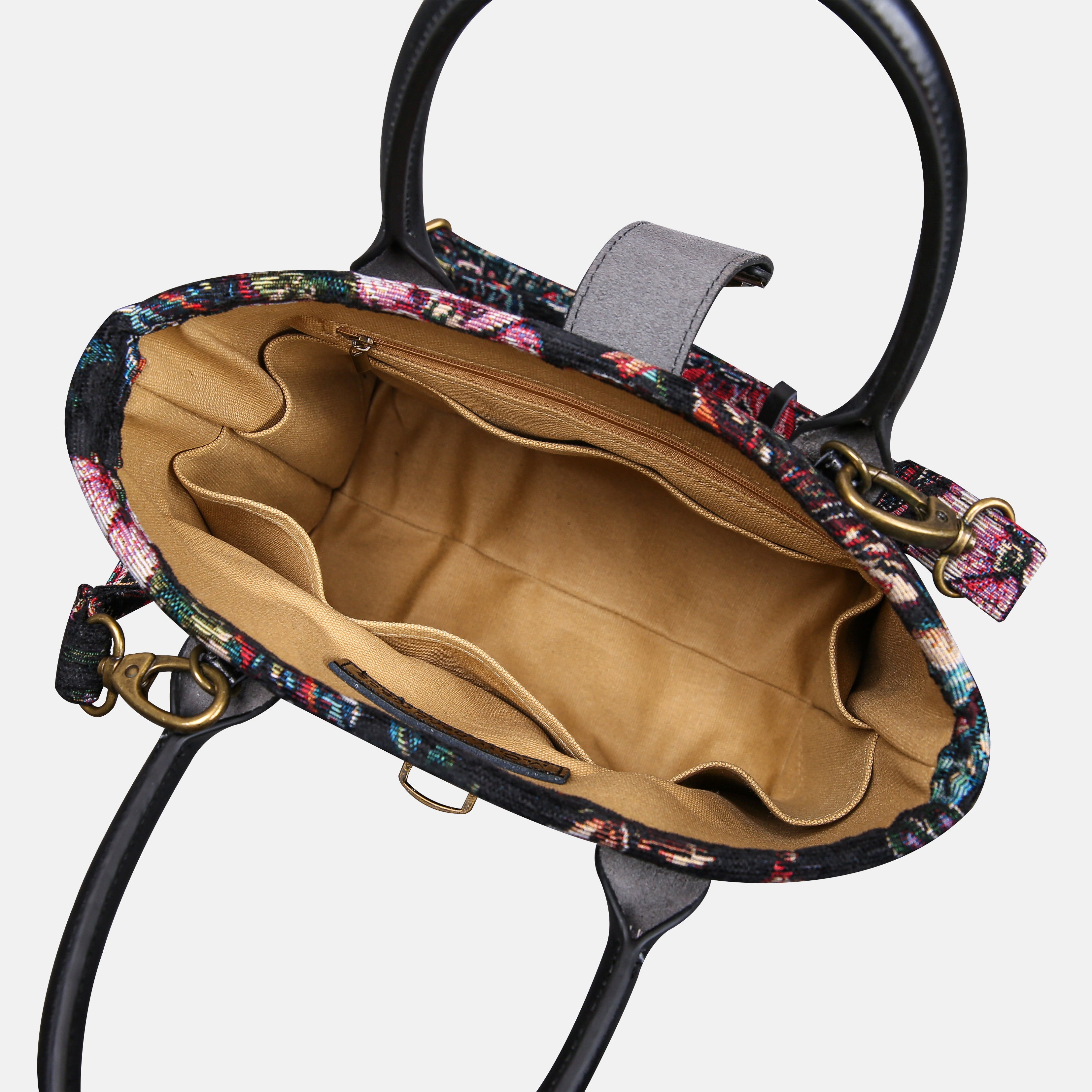 Rose Garden Black Tuck Lock Carpet Satchel carpet bag MCW Handmade of America inside