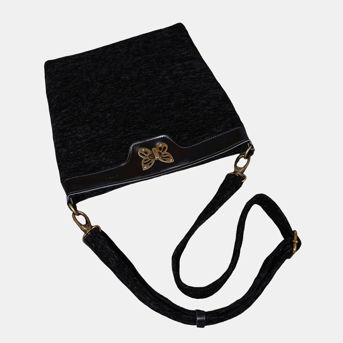 Solid Black Butterfly Crossbody Bag Carpetbag of America lay flat