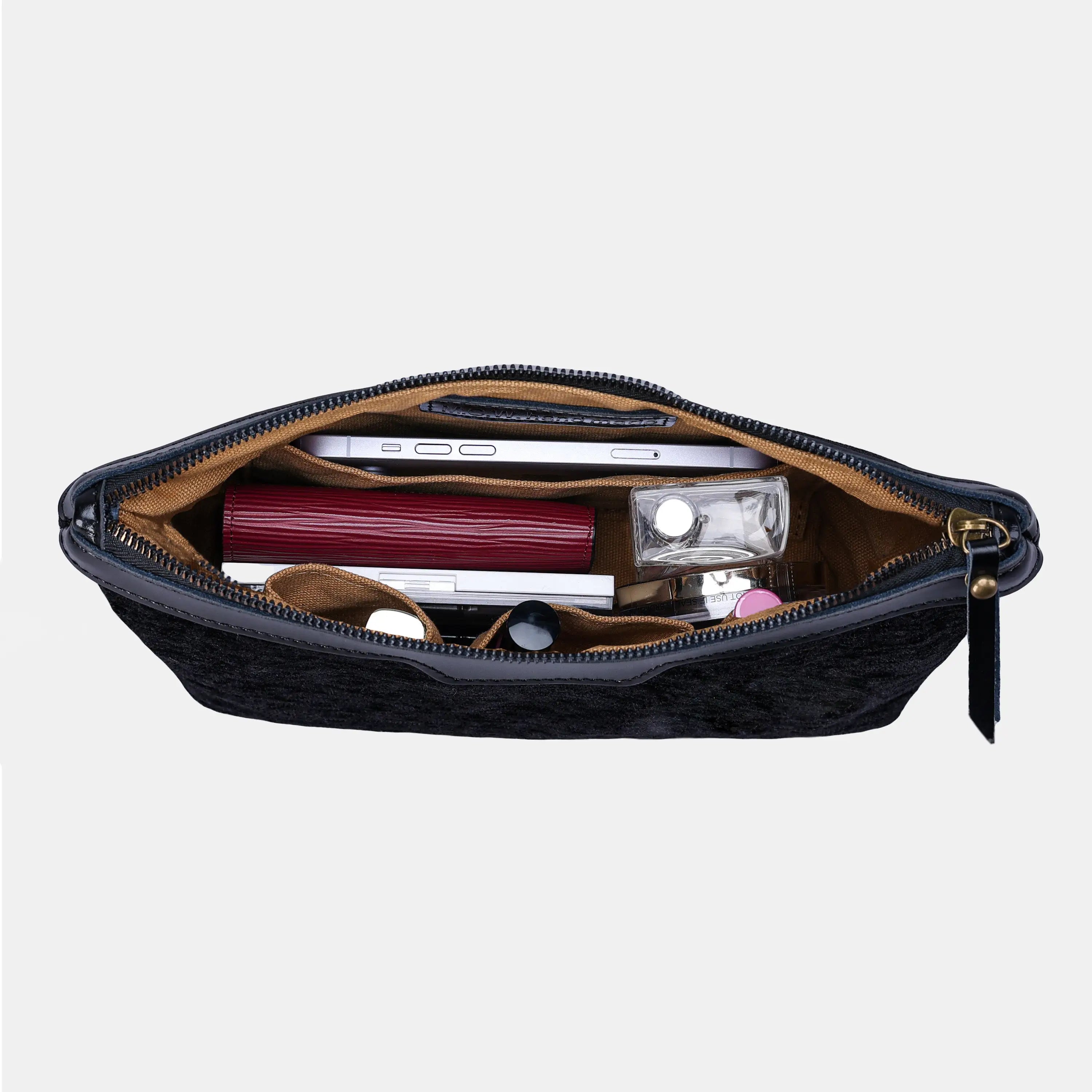 Solid Black Carpet Makeup Bag Carpetbag of America in use