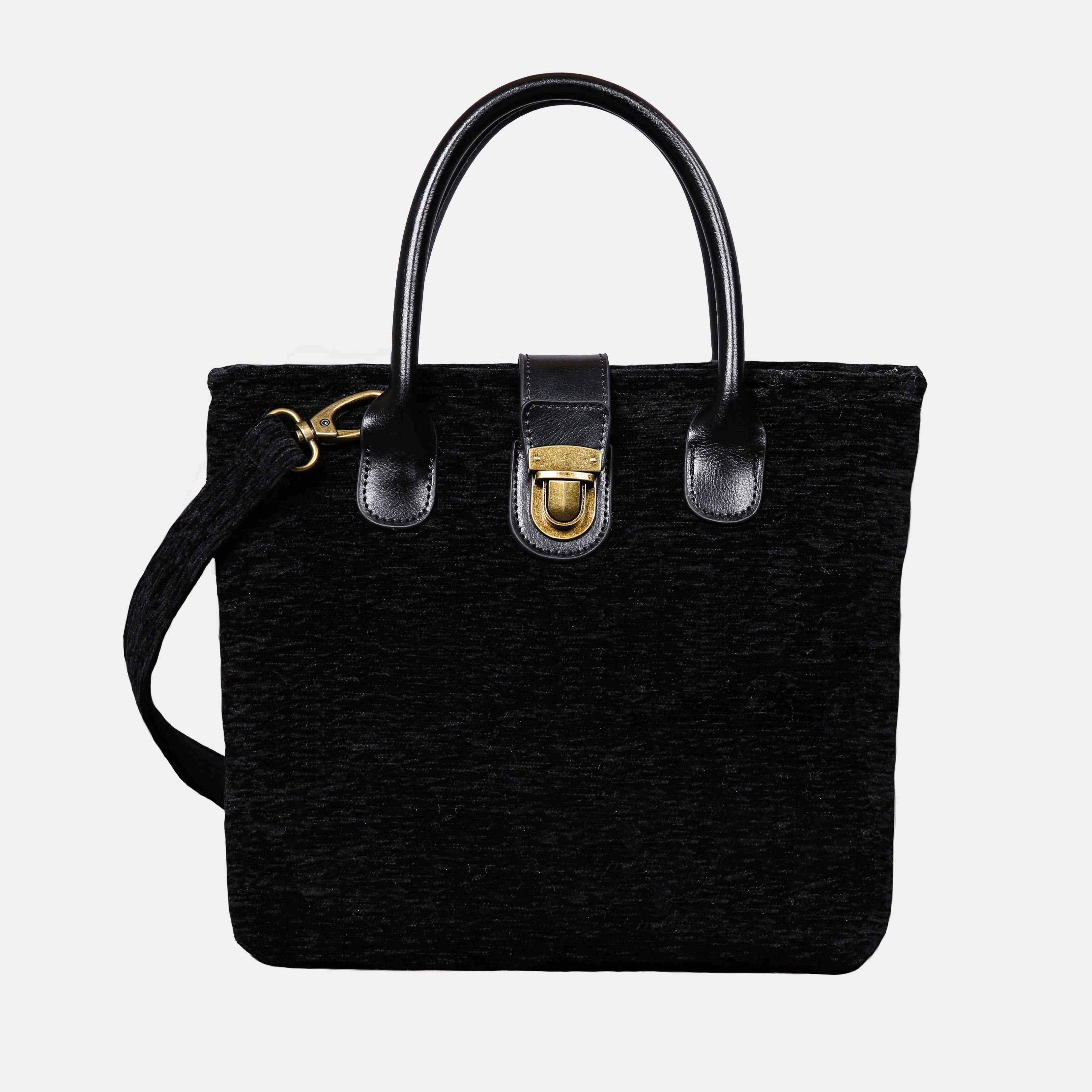 Solid Black Leather Brown Tuck Lock Carpet Satchel of America main