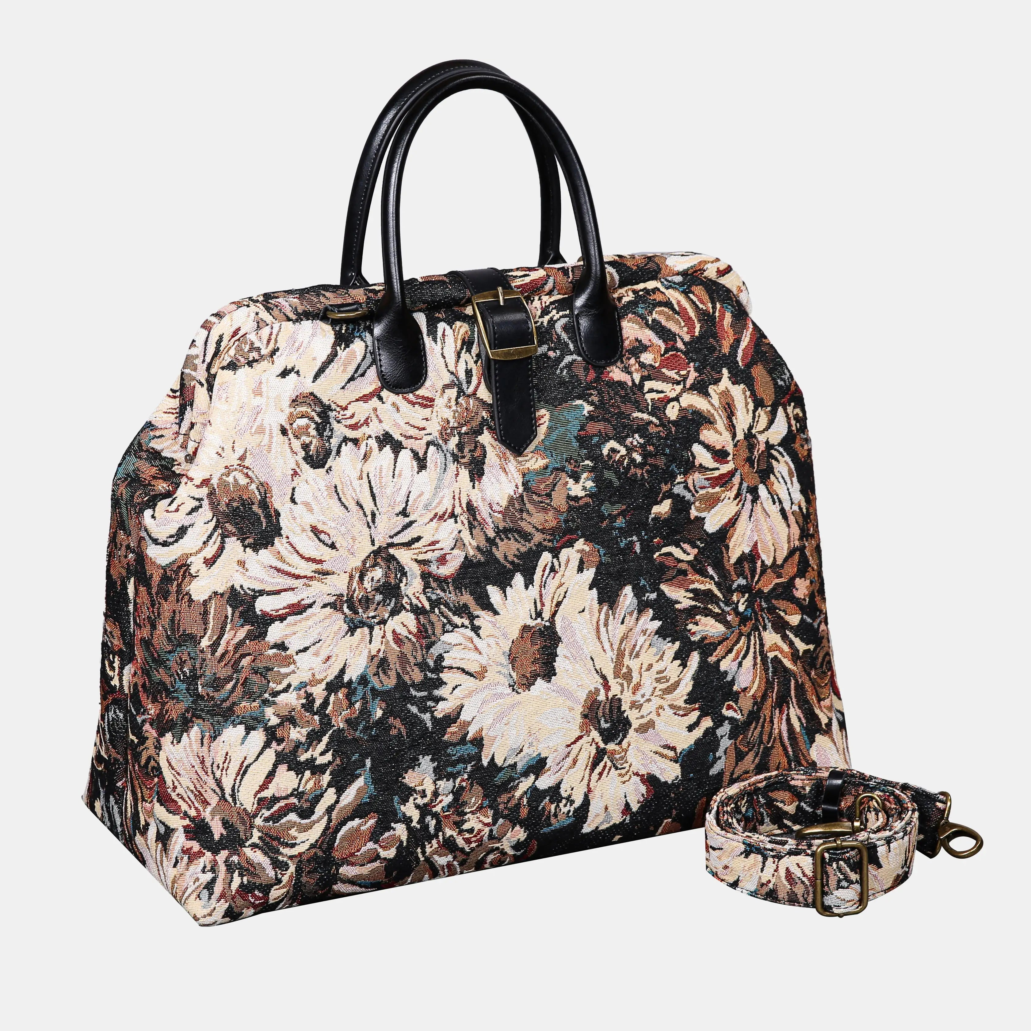 Blooming Daisy Black Mary Poppins Weekender Carpetbag of America with shoulder strap