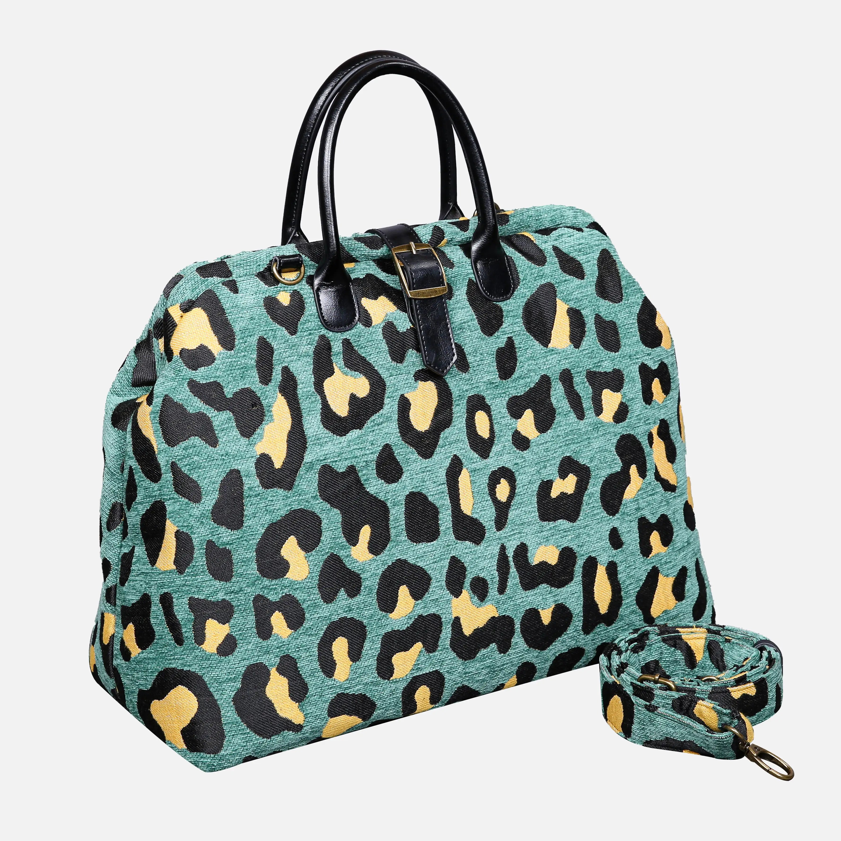 Leopard Green Mary Poppins Weekender Carpetbag of America with shoulder strap