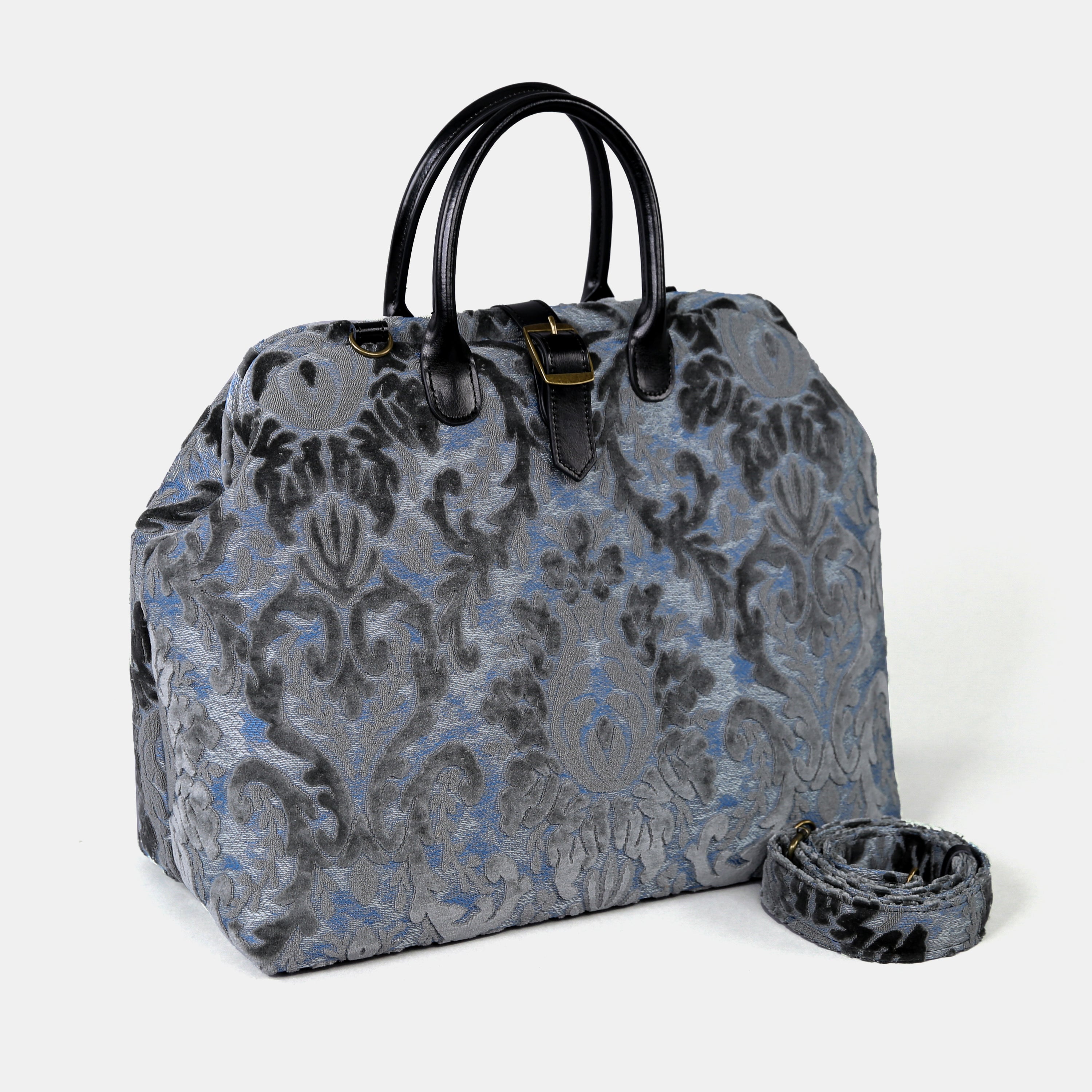 Burnout Velvet Steel Blue Mary Poppins Weekender carpet bag MCW Handmade-1