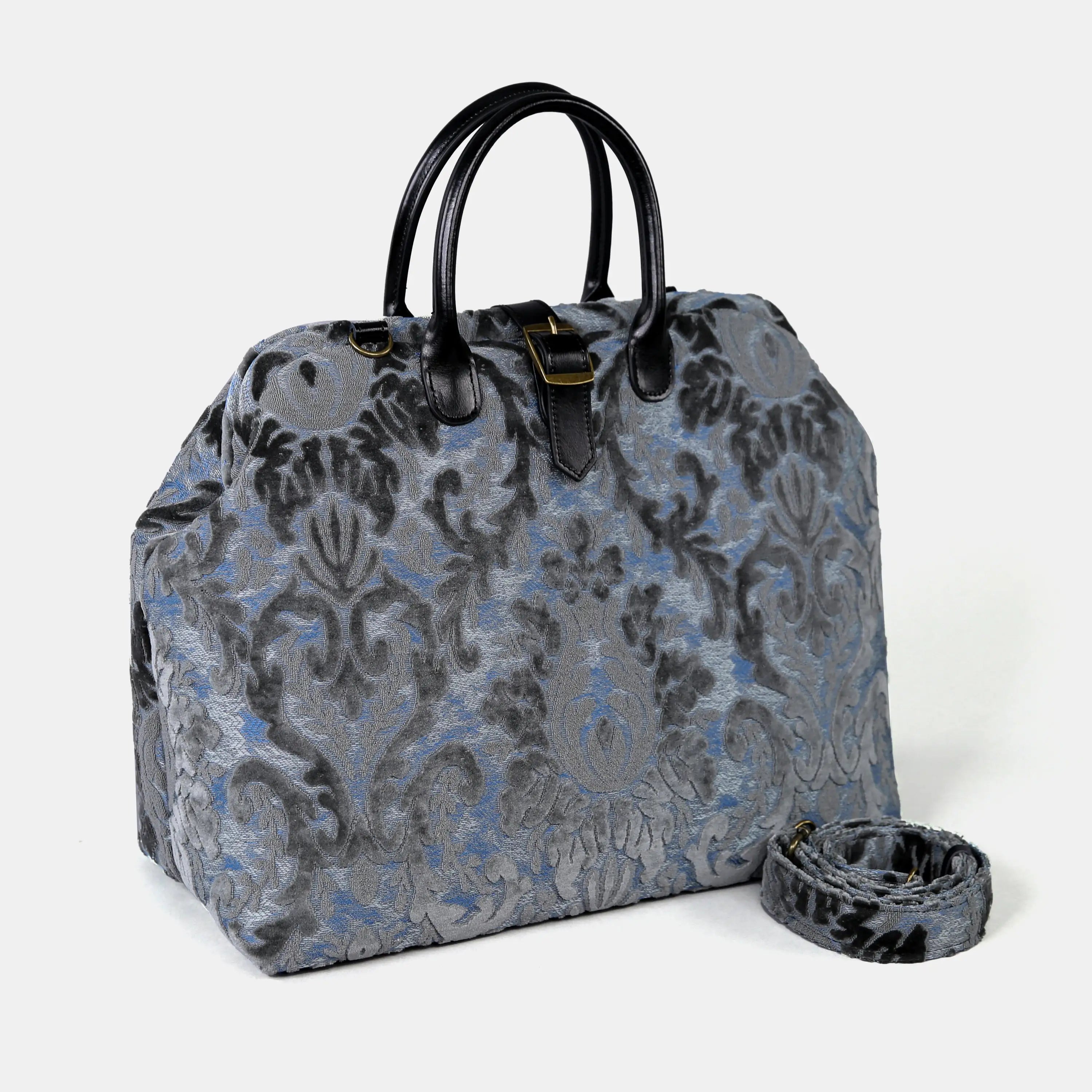 Burnout Velvet Steel Blue Mary Poppins Weekender Carpetbag of America with shoulder strap