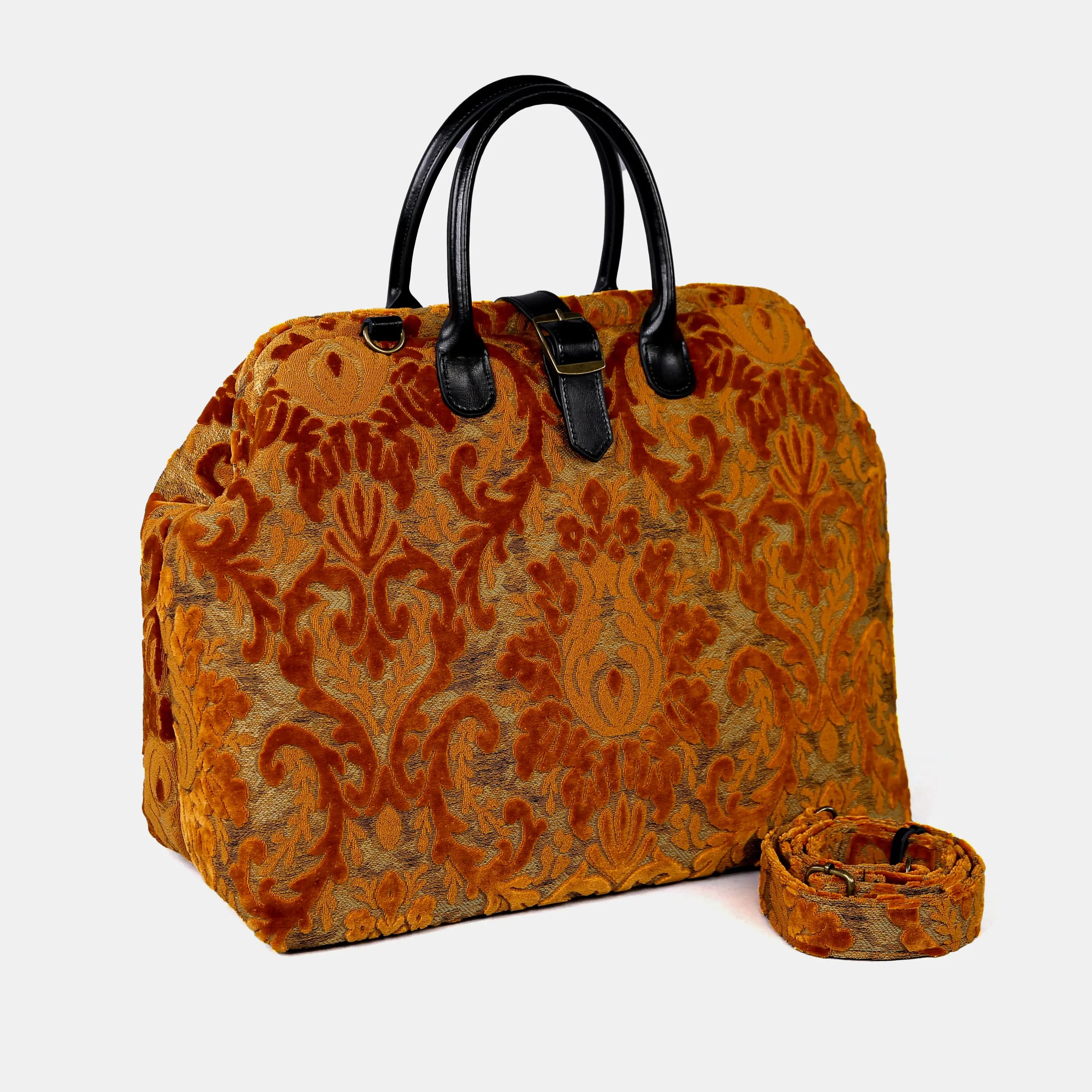 Burnout Velvet Orange Mary Poppins Weekender Carpetbag of America with shoulder strap