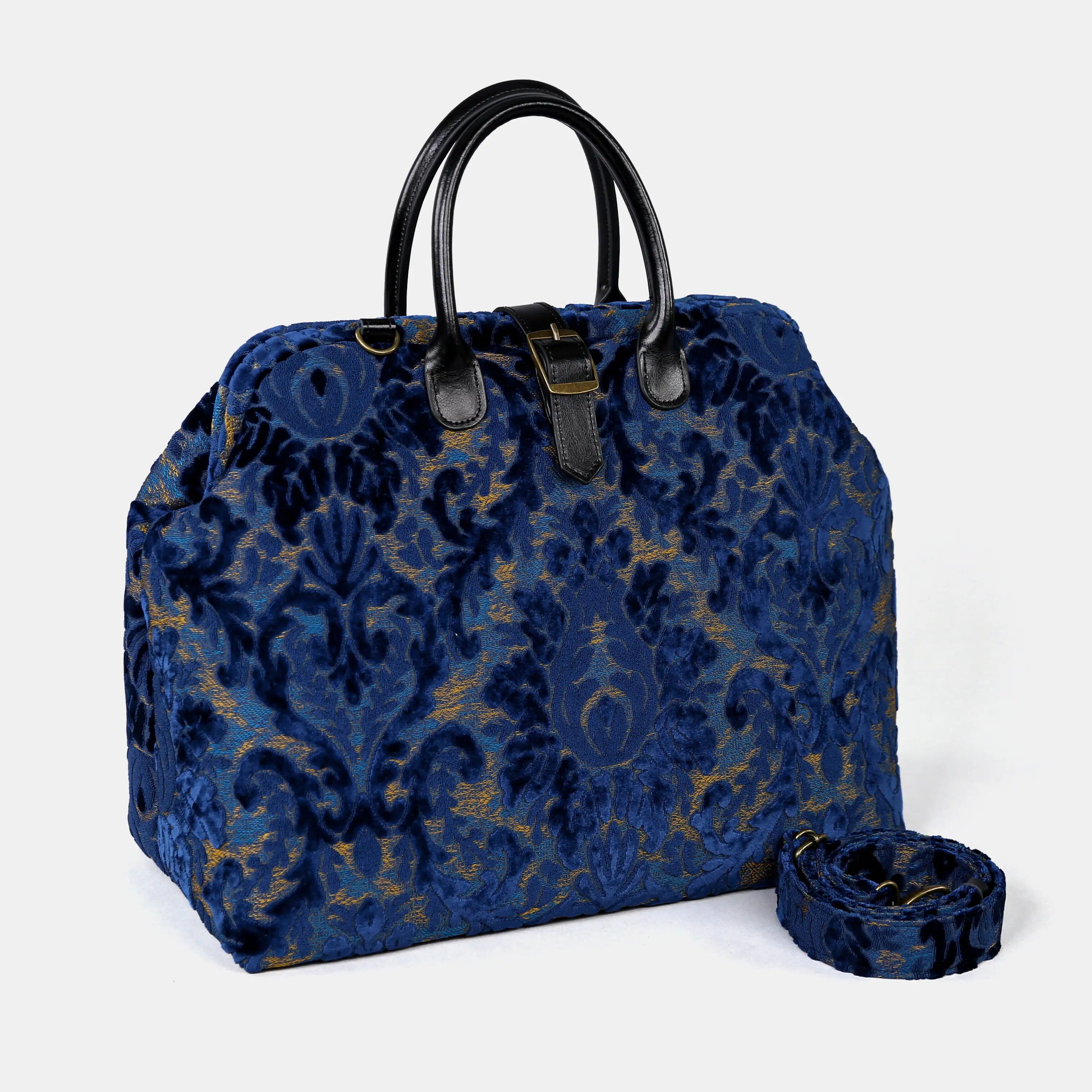 Burnout Velvet Navy Mary Poppins Weekender Carpetbag of America with shoulder strap