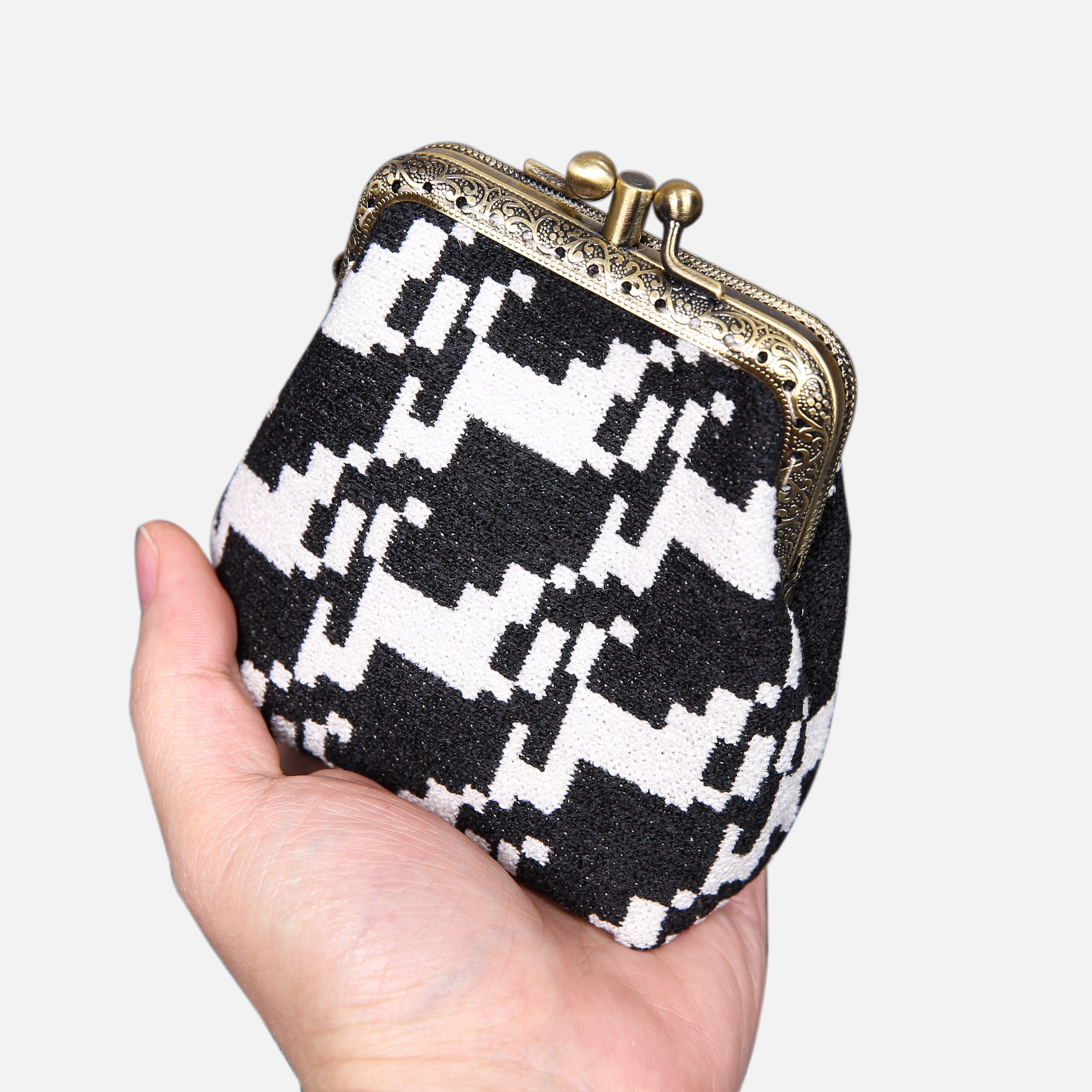 Houndstooth Black Double Kiss Clasp Coin Purse MCW Handmade