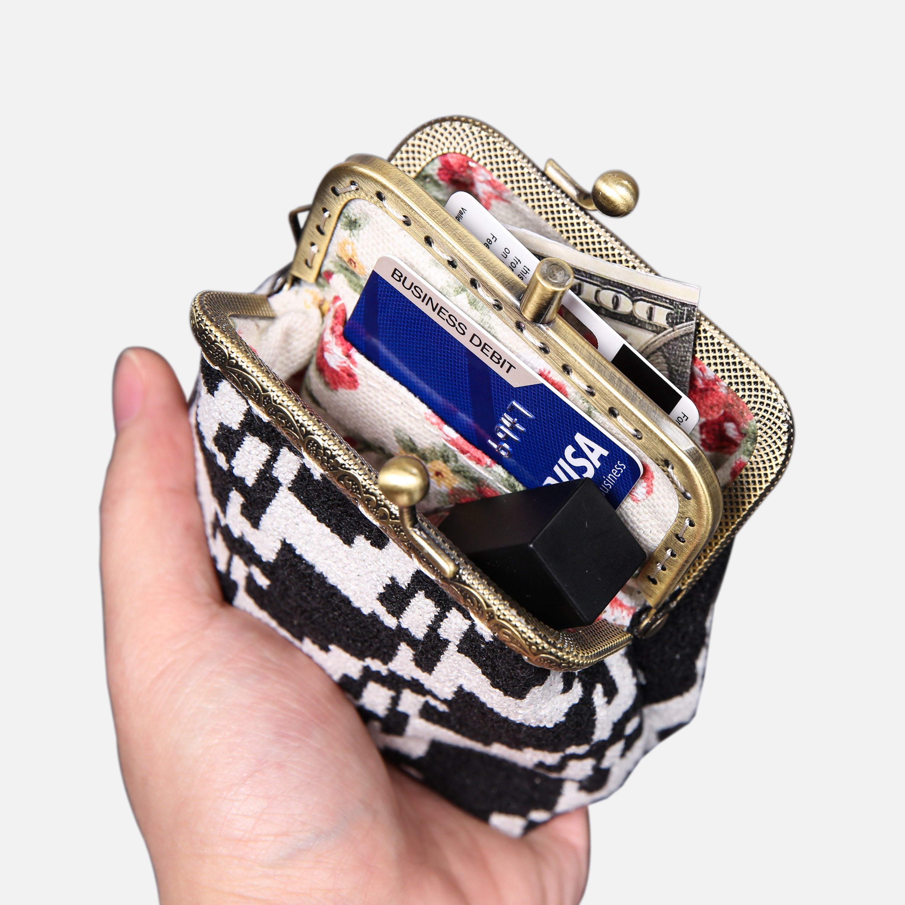 Houndstooth Black Double Kiss Clasp Coin Purse MCW Handmade-1