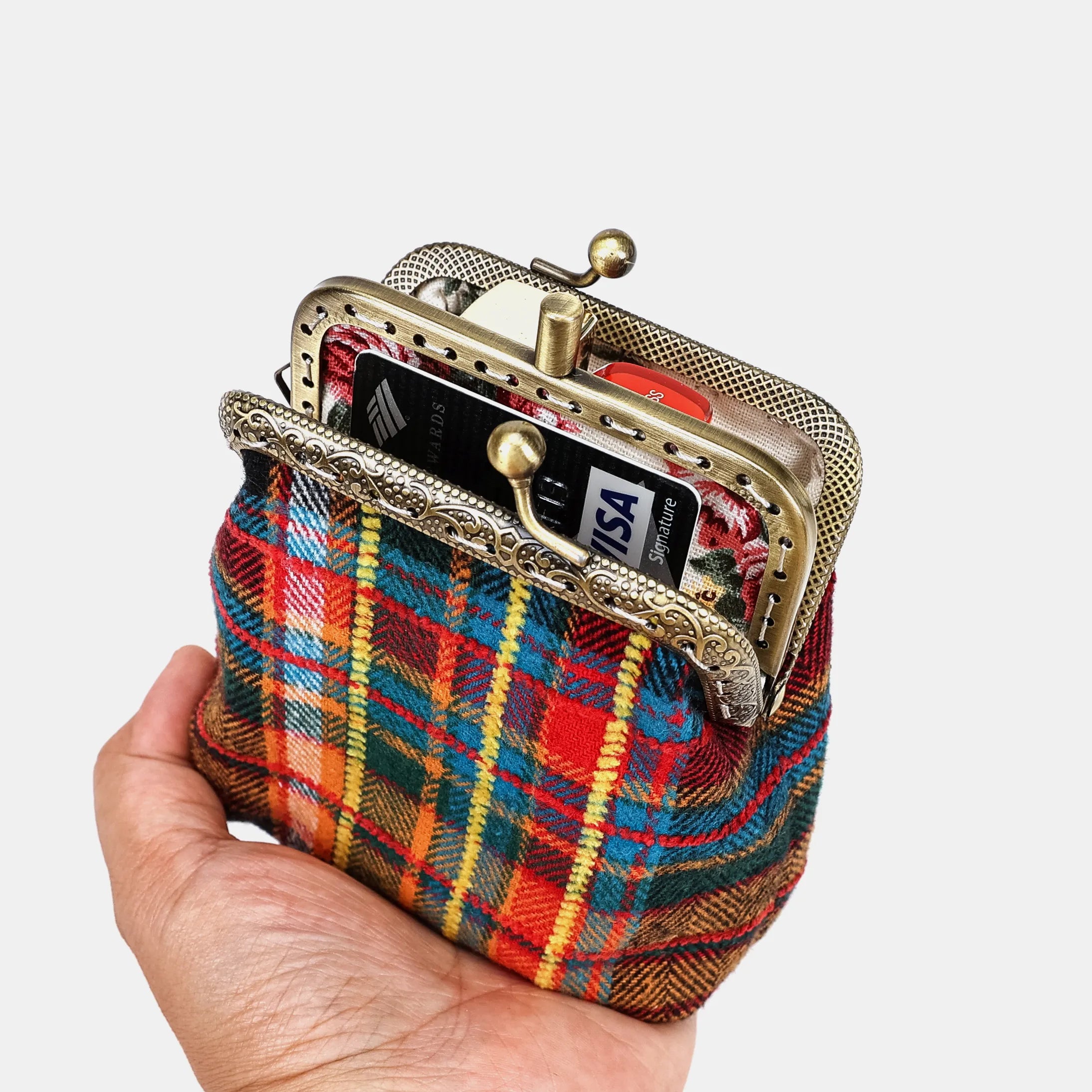 Tartan Stewart Black Double Kiss Clasp Coin Purse Carpetbag of America holding