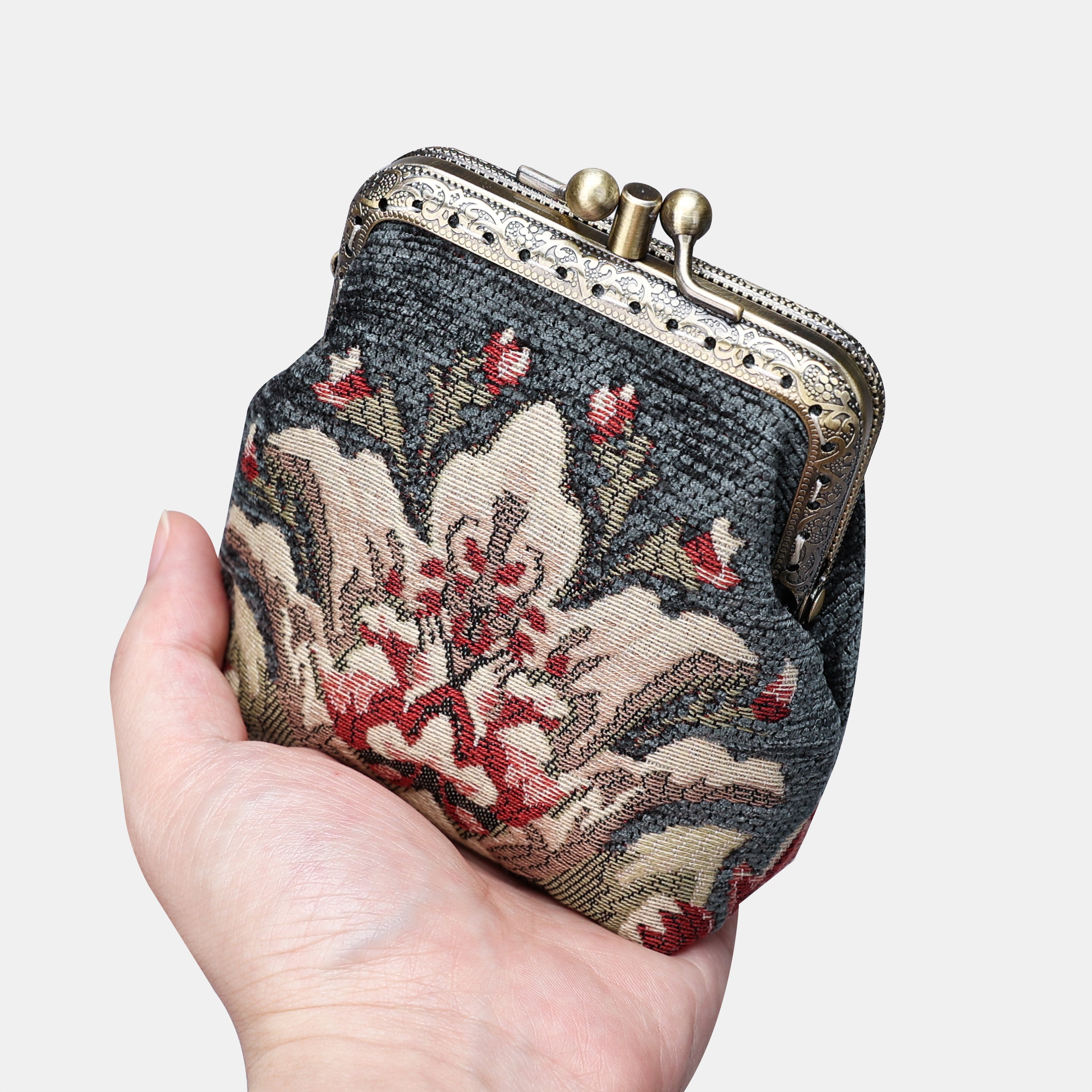Baroque Floral Green Gray Double Kiss Clasp Coin Purse  MCW Handmade