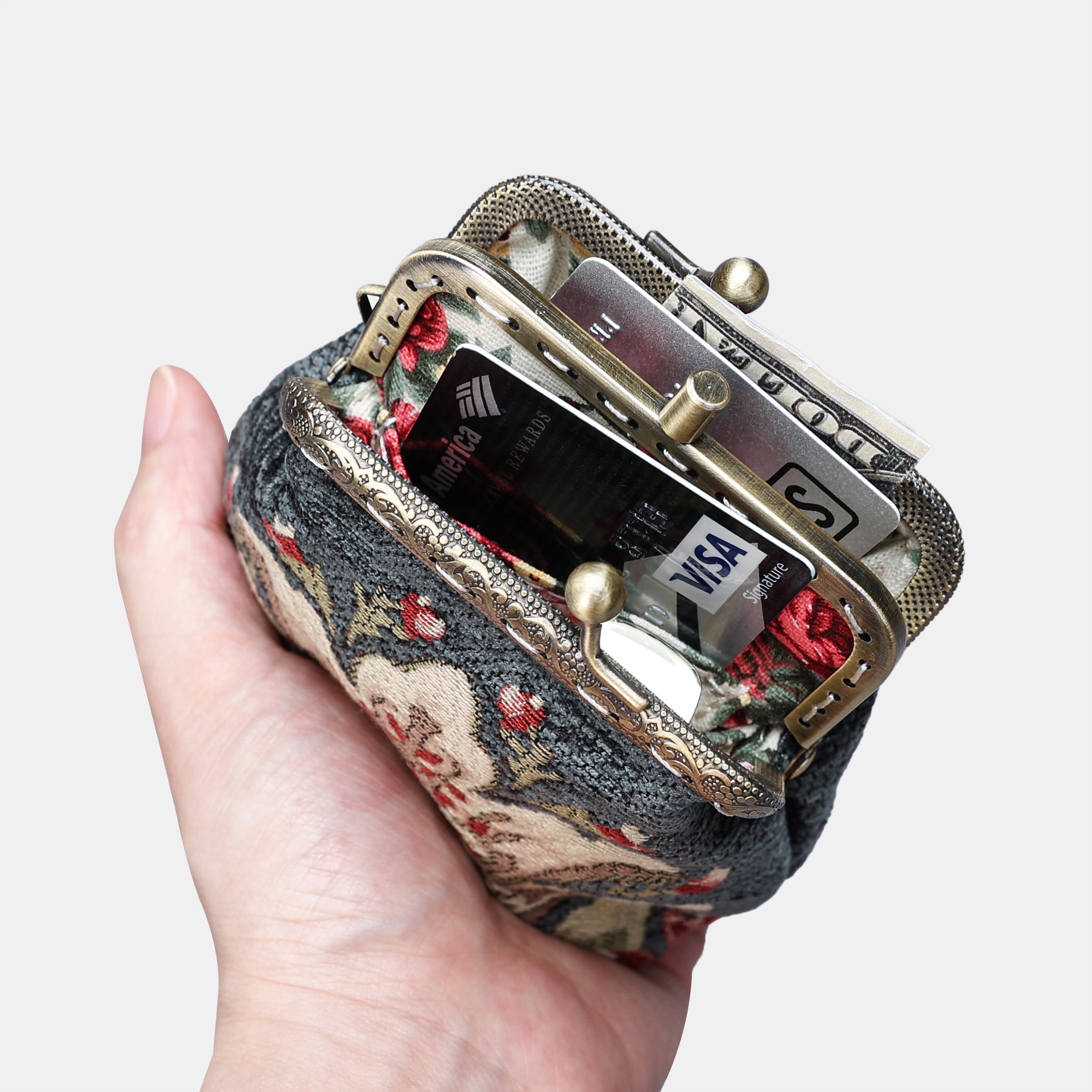 Baroque Floral Green Gray Double Kiss Clasp Coin Purse MCW Handmade-2