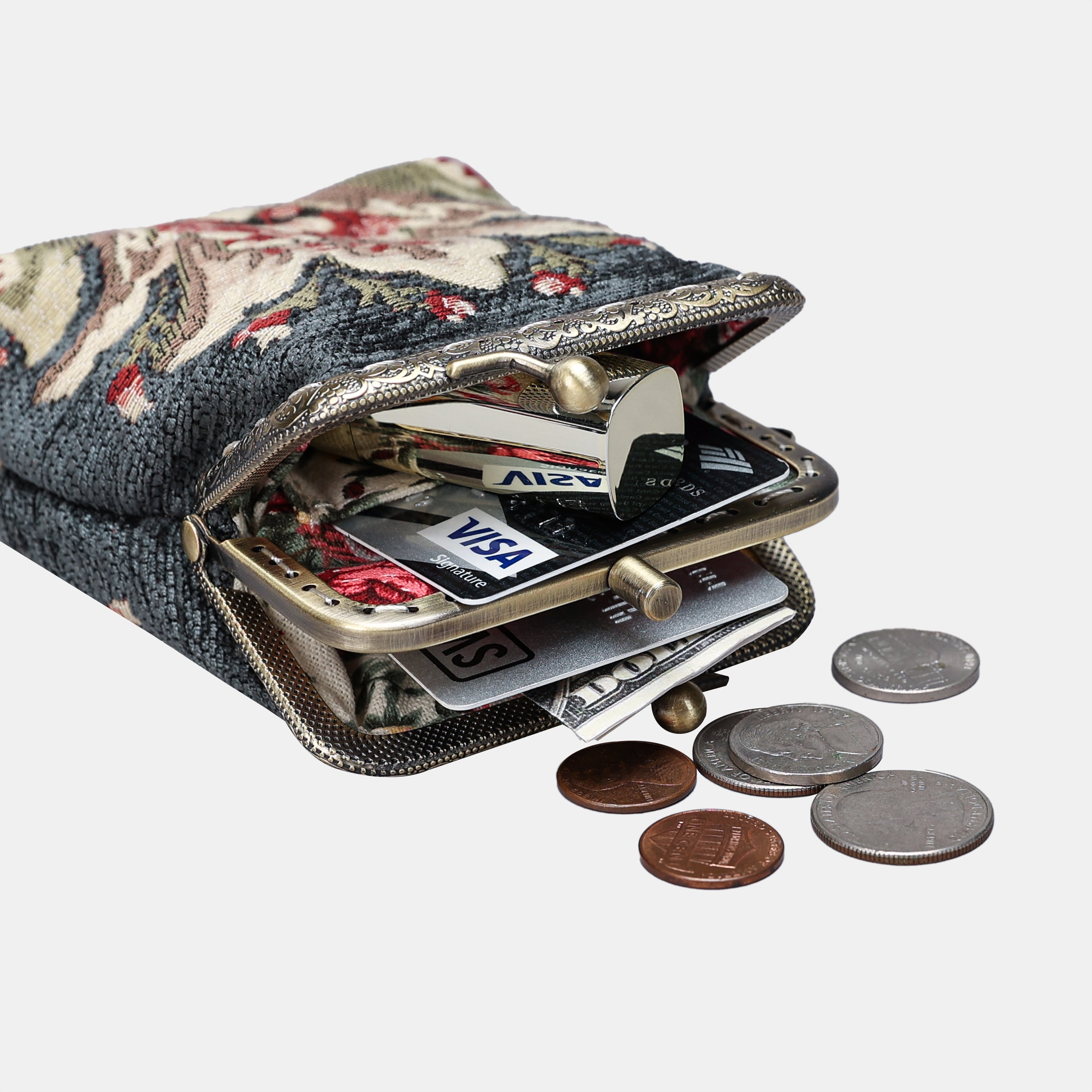 Baroque Floral Green Gray Double Kiss Clasp Coin Purse MCW Handmade-3