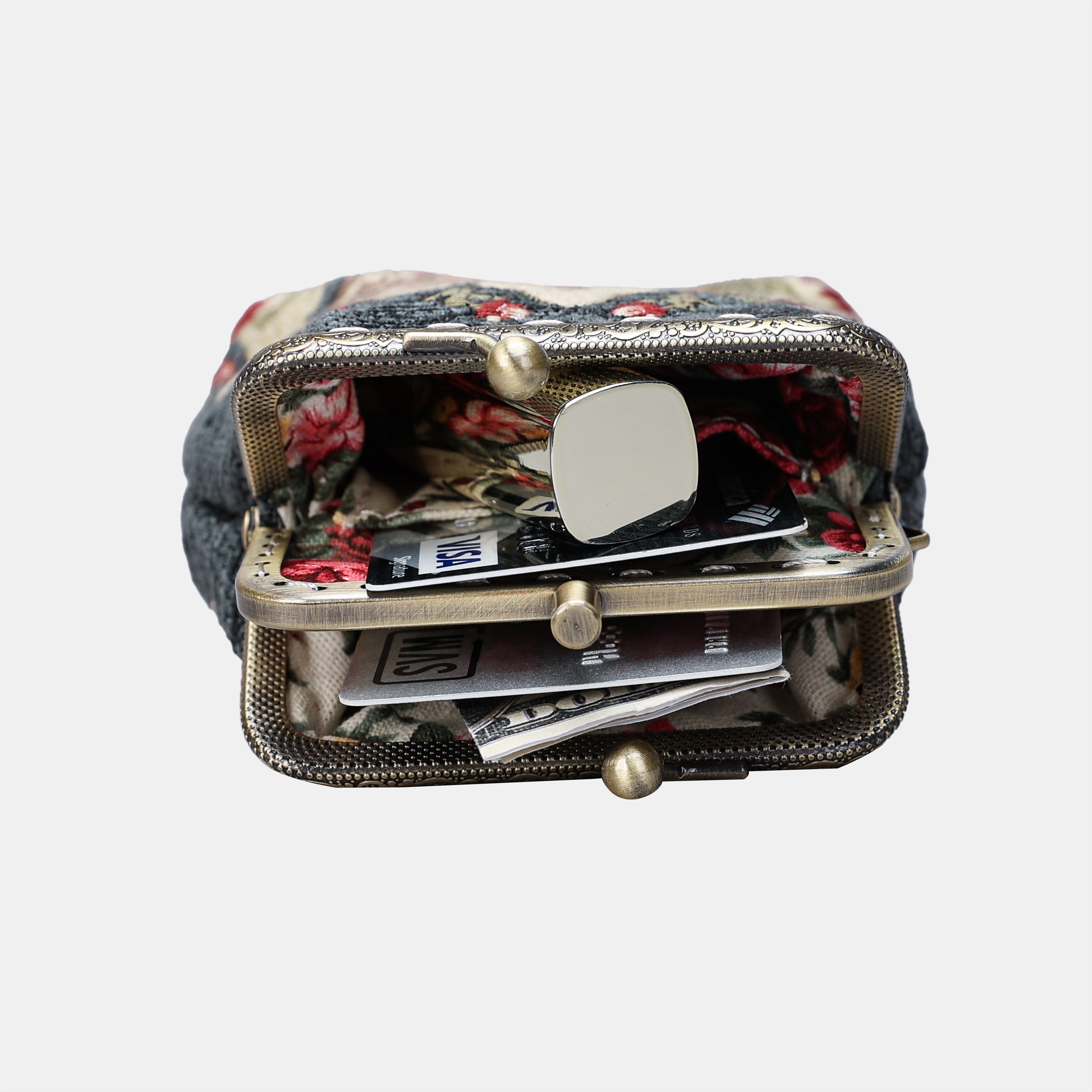 Baroque Floral Green Gray Double Kiss Clasp Coin Purse MCW Handmade-4