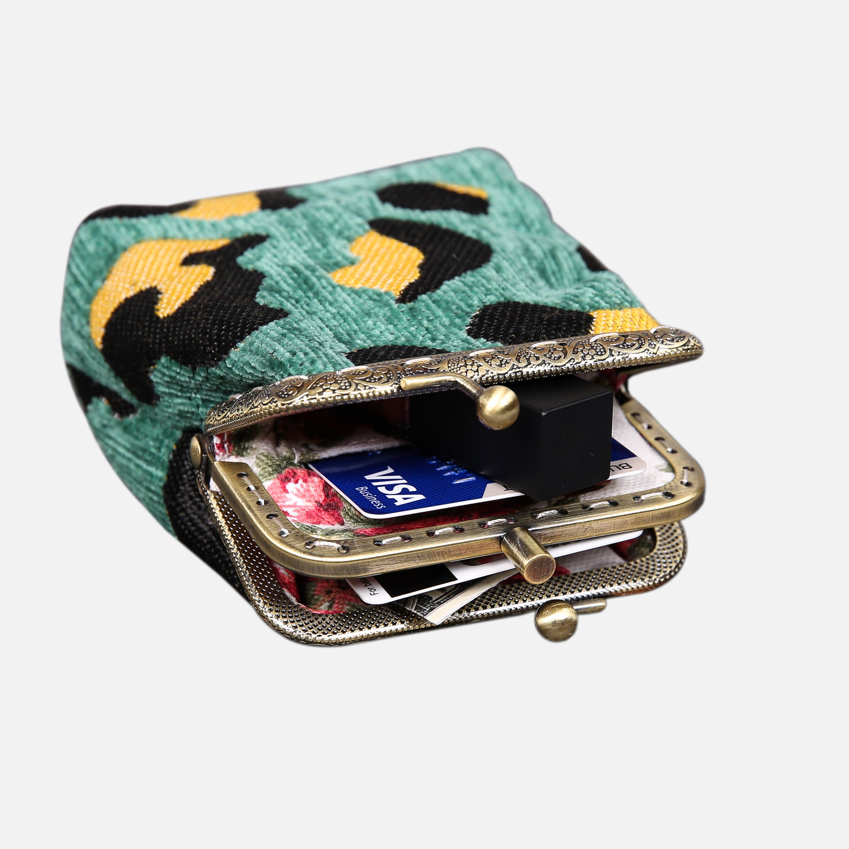 Leopard Green Double Kiss Clasp Coin Purse MCW Handmade-3