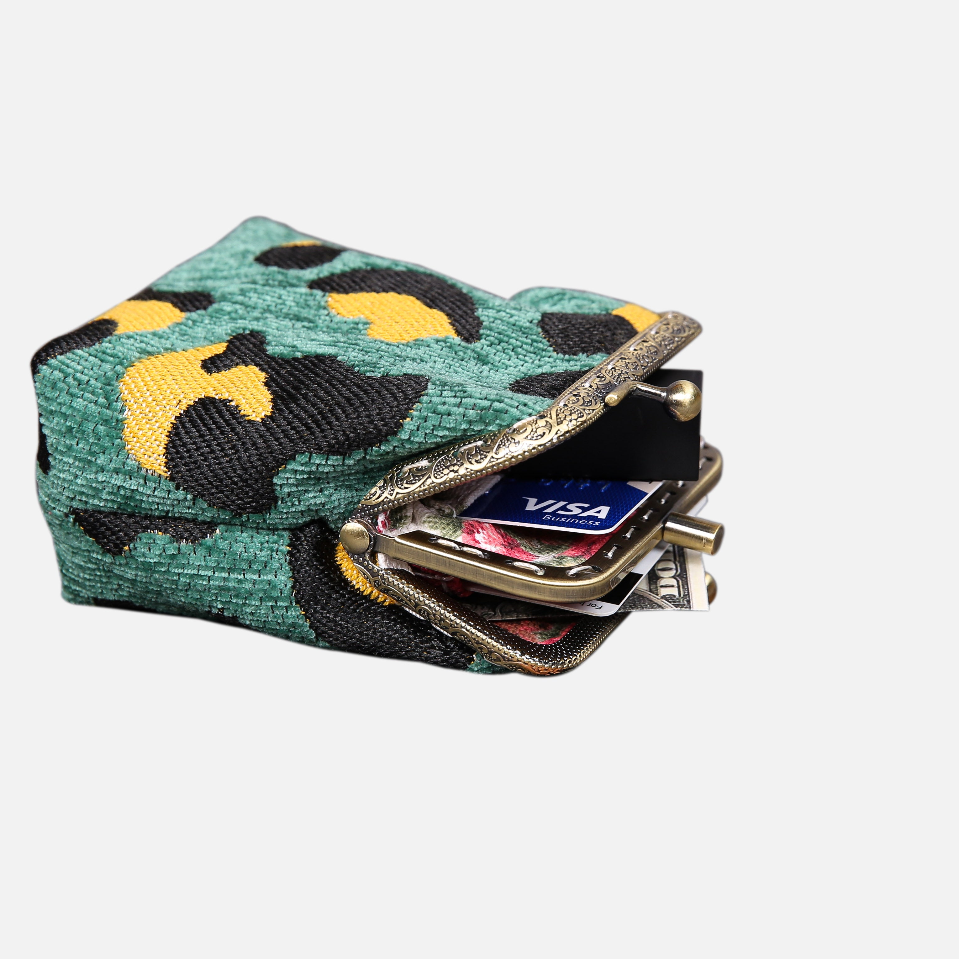 Leopard Green Double Kiss Clasp Coin Purse MCW Handmade-4