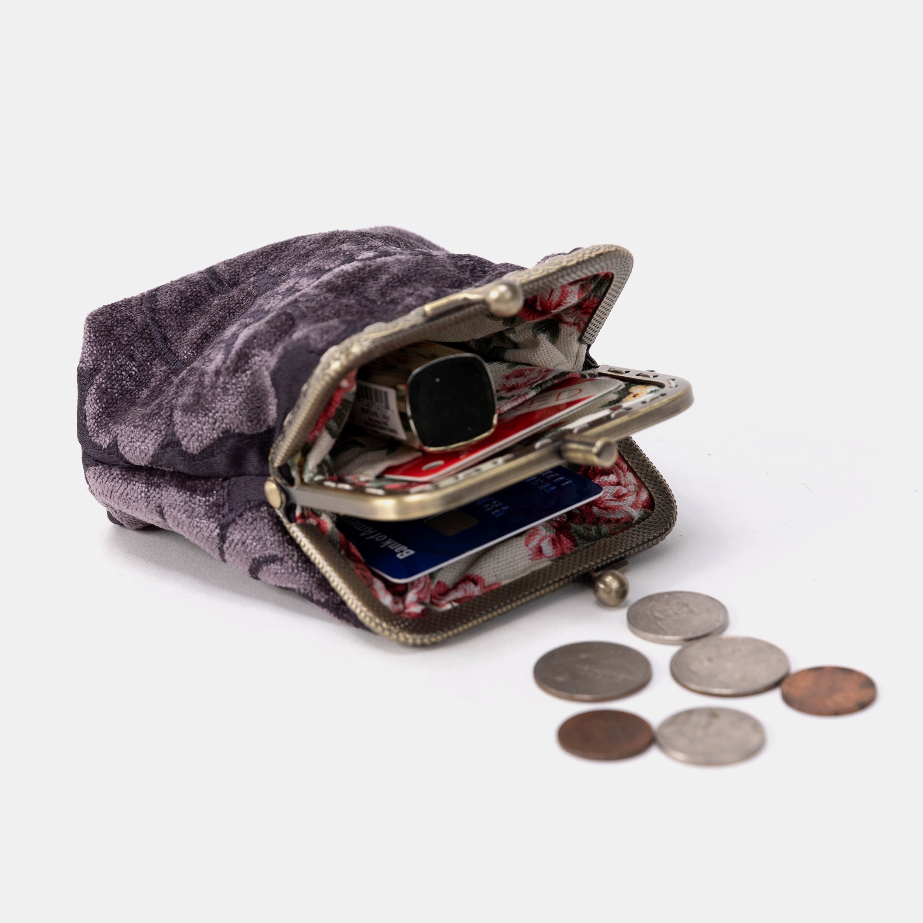 Floral Brocade Purple Double Kiss Clasp Coin Purse Side