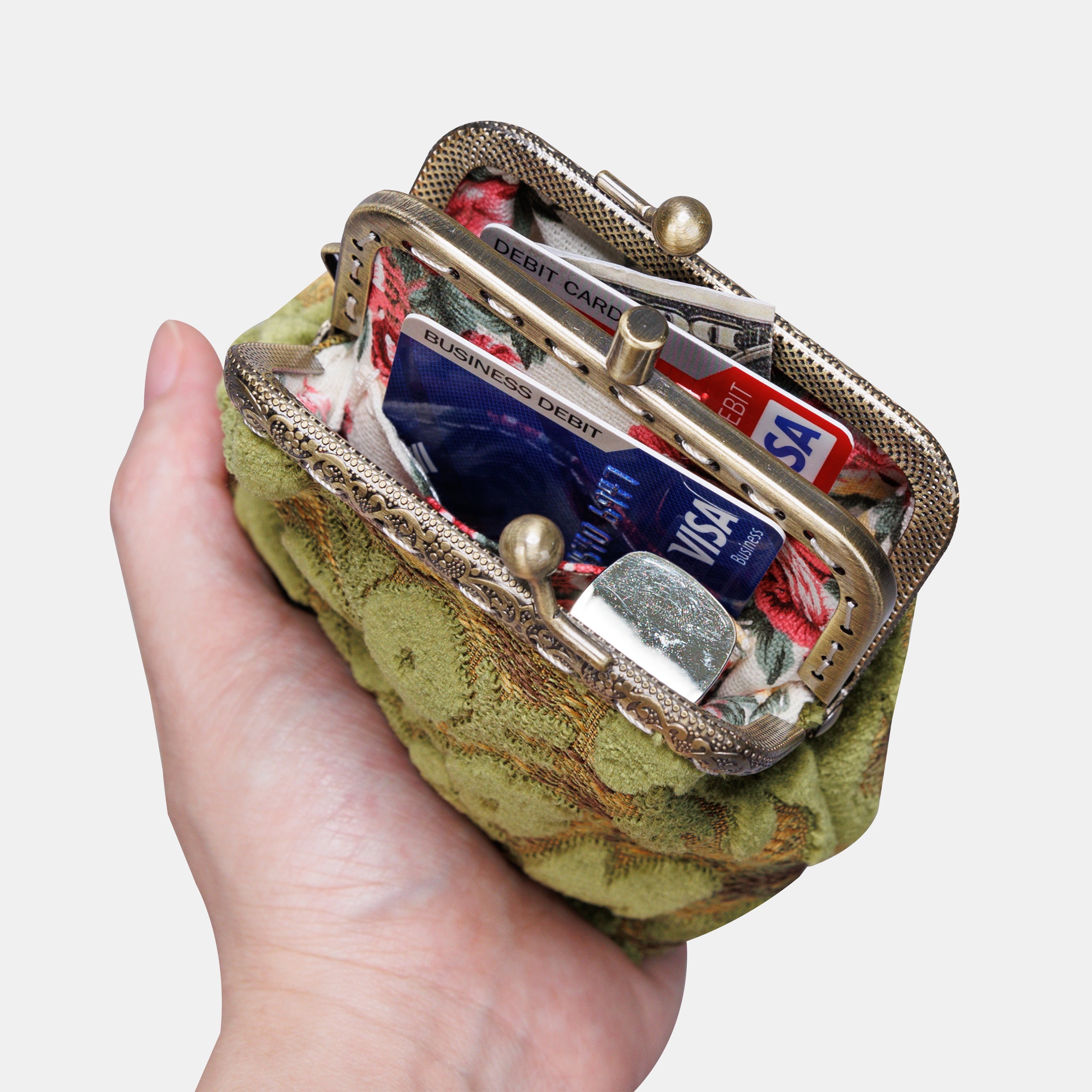 Burnout Velvet Fern Green Double Kiss Clasp Coin Purse MCW Handmade-2