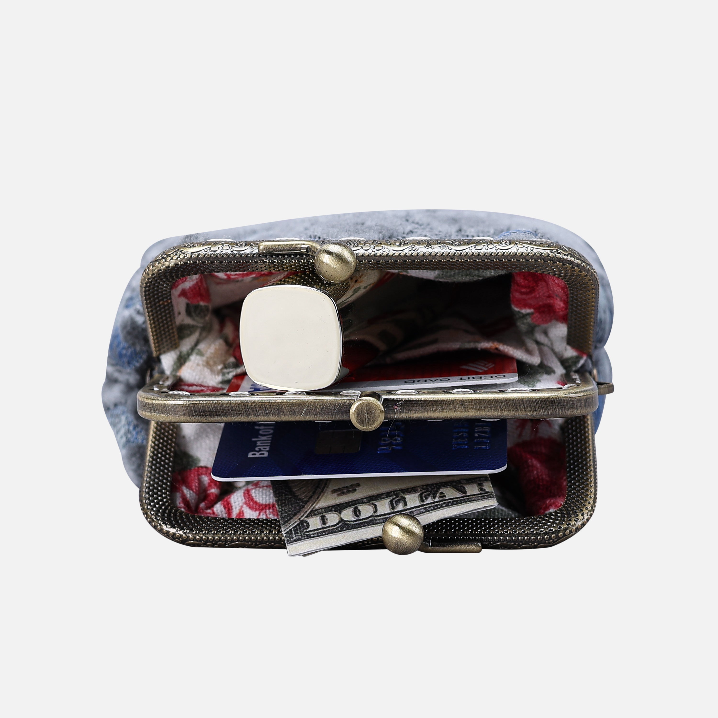 Burnout Velvet Steel Blue Double Kiss Clasp Coin Purse MCW Handmade-5