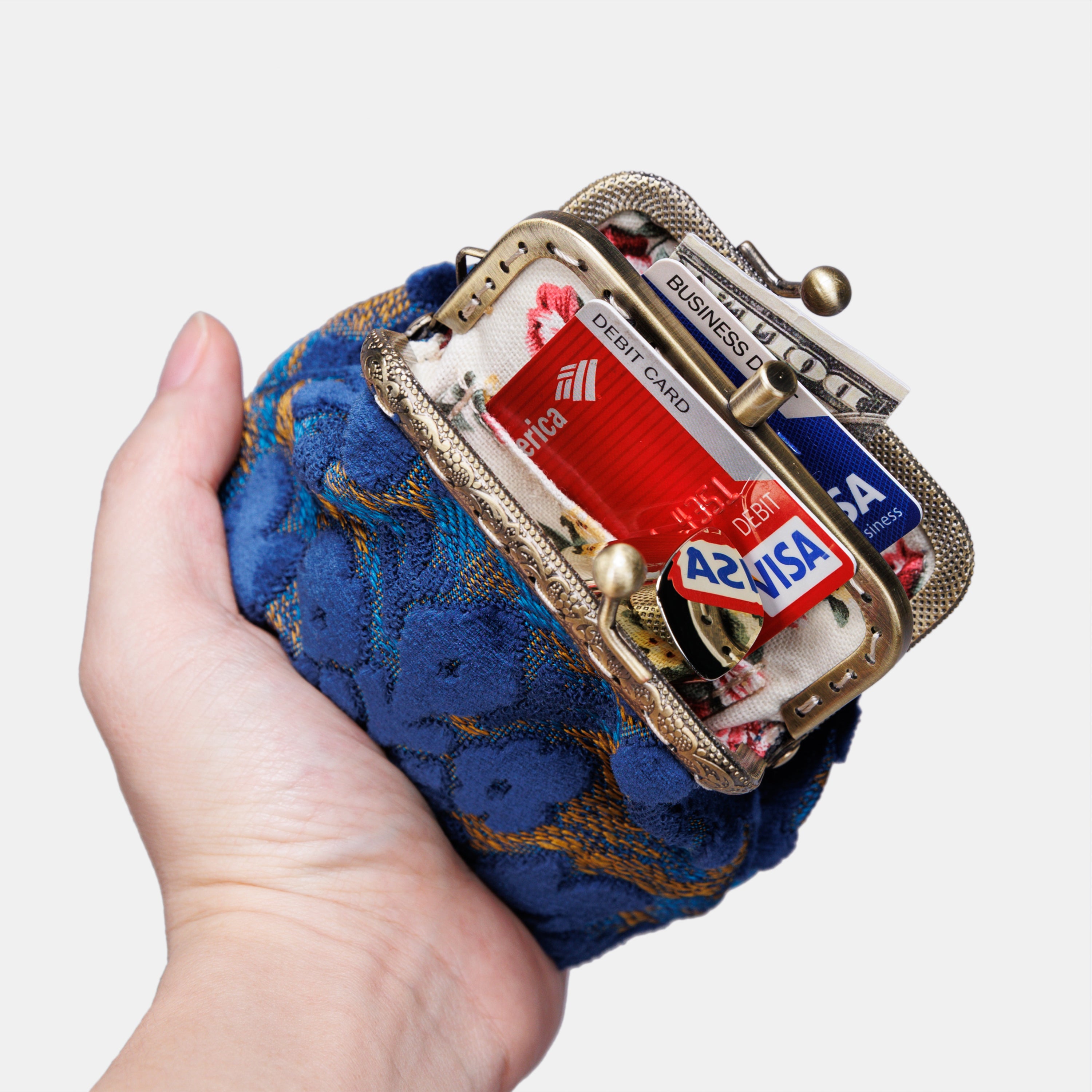Burnout Velvet Navy Double Kiss Clasp Coin Purse  MCW Handmade-1