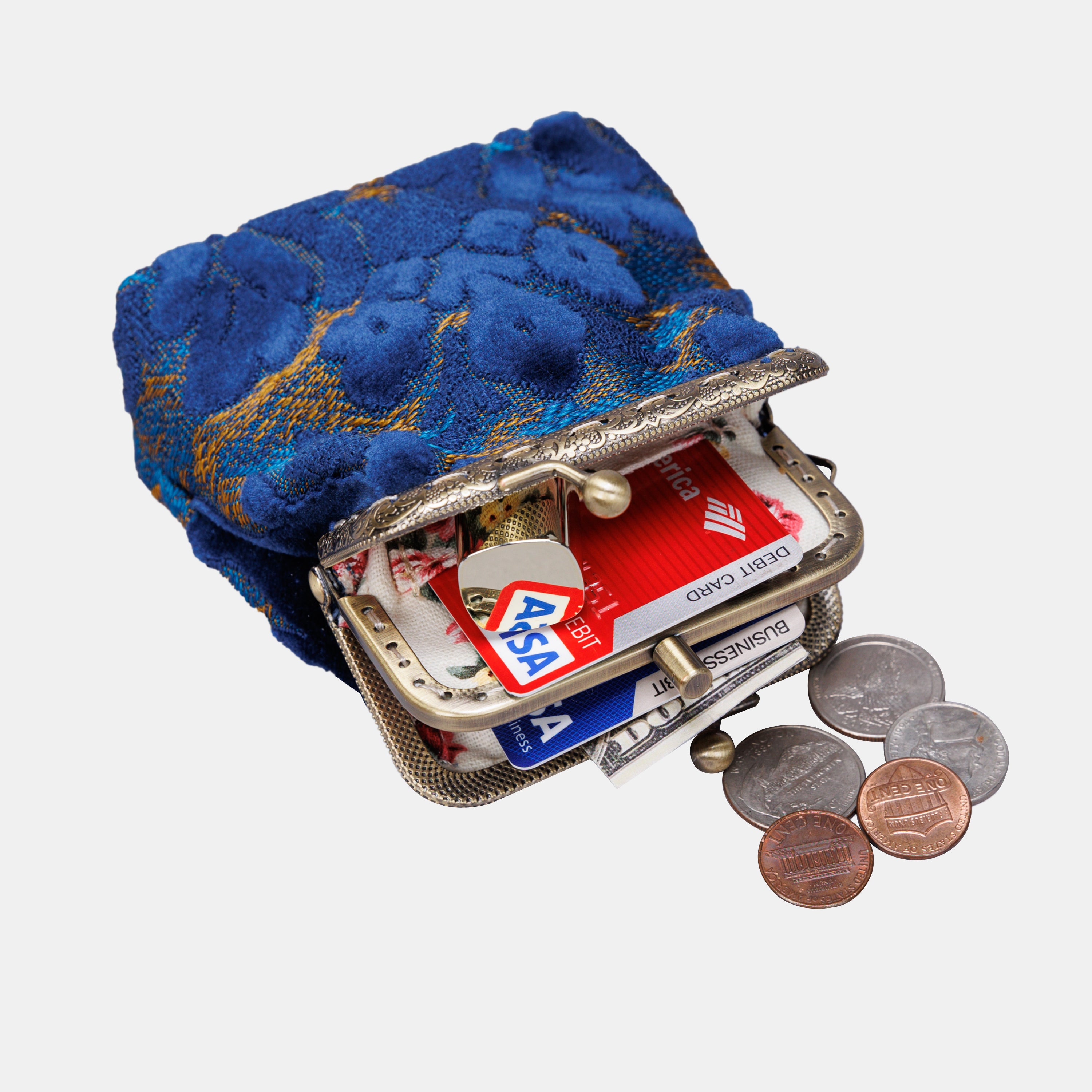 Burnout Velvet Navy Double Kiss Clasp Coin Purse MCW Handmade-4