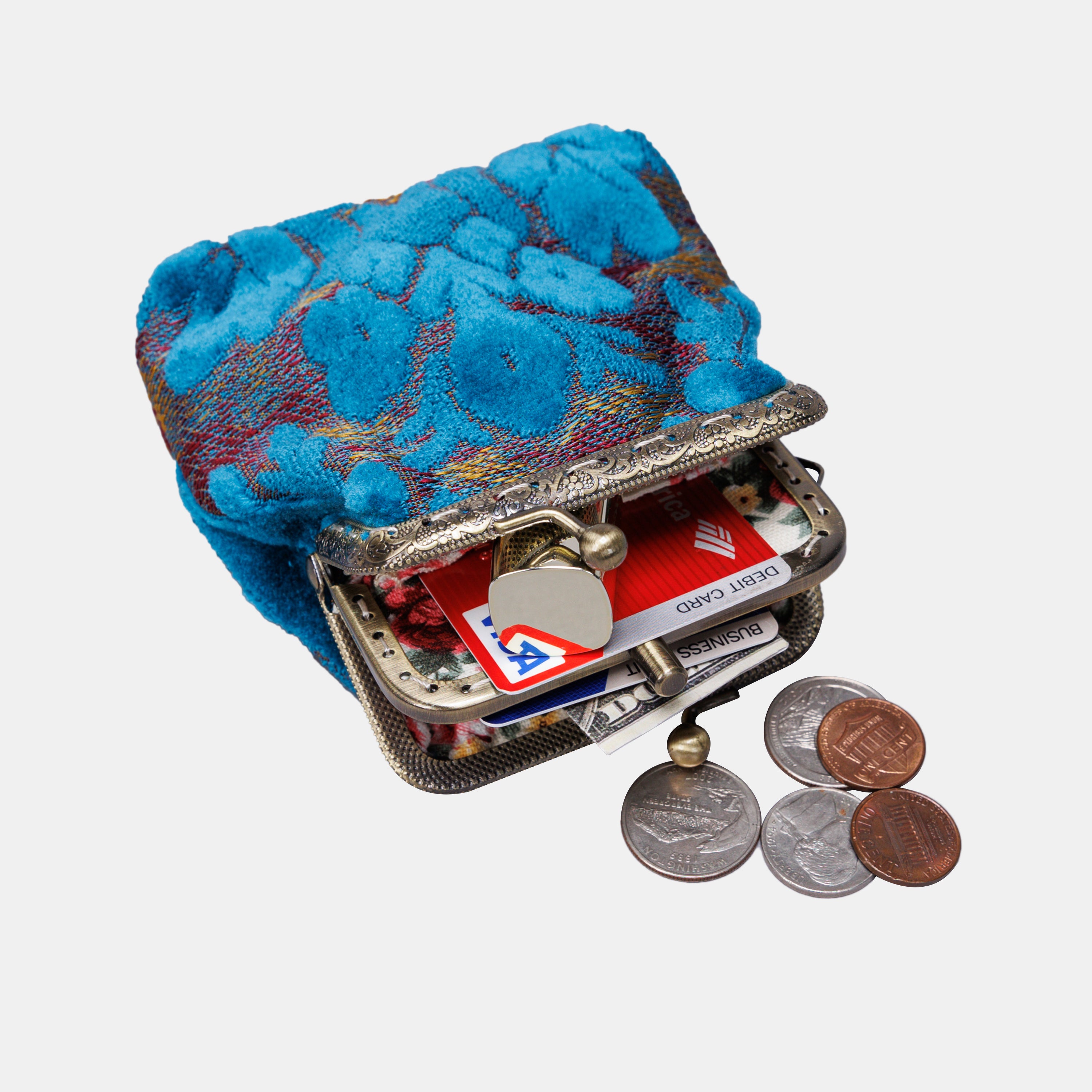 Burnout Velvet Aqua Blue Double Kiss Clasp Coin Purse MCW Handmade-4