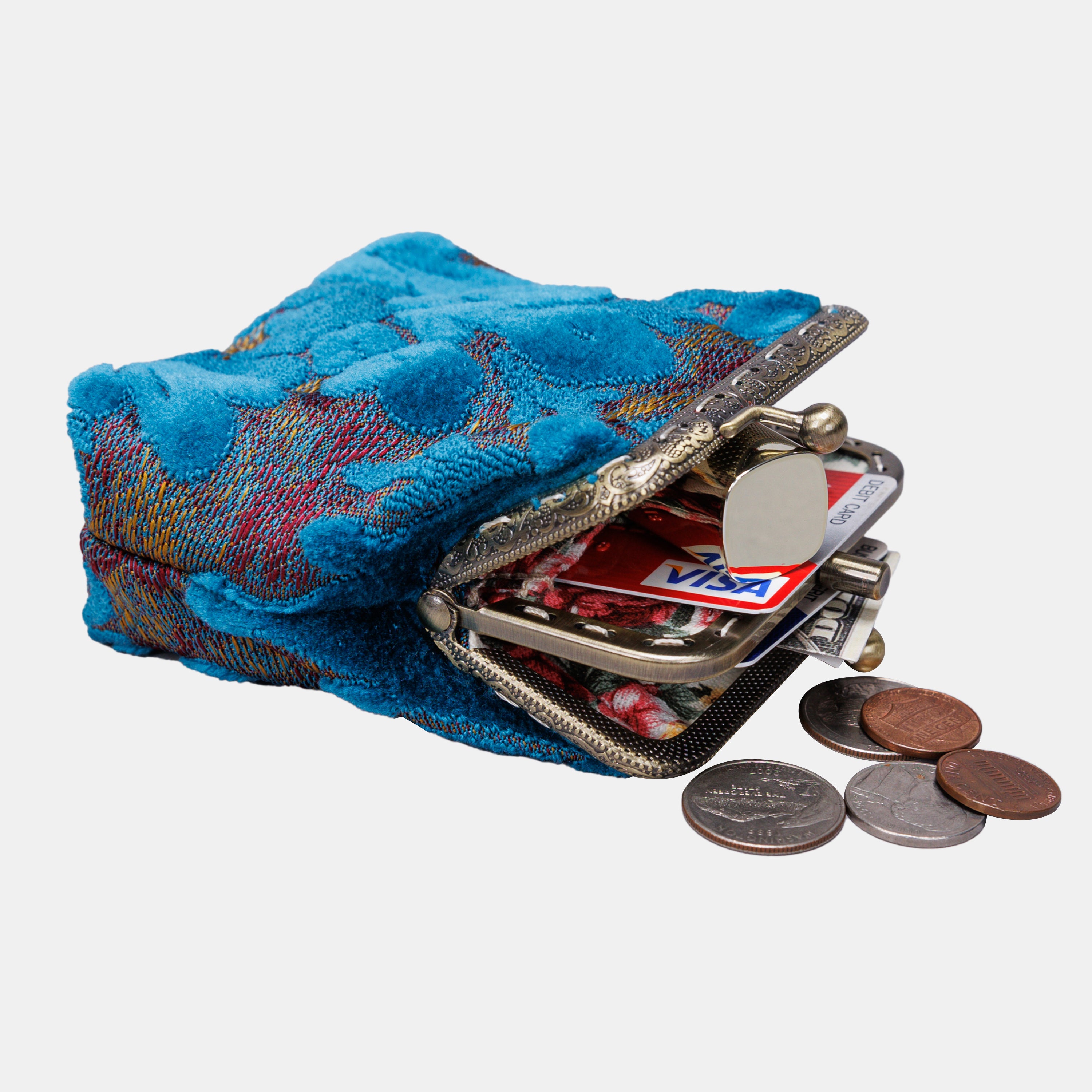 Burnout Velvet Aqua Blue Double Kiss Clasp Coin Purse MCW Handmade-5