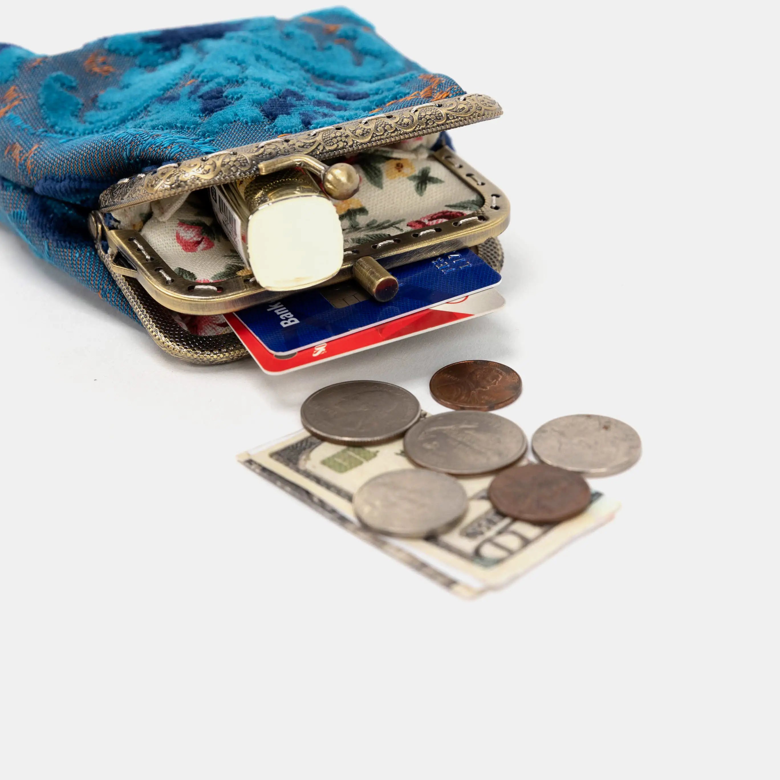 Burnout Velvet Revival Aqua Double Kiss Clasp Coin Purse of America with coins-3
