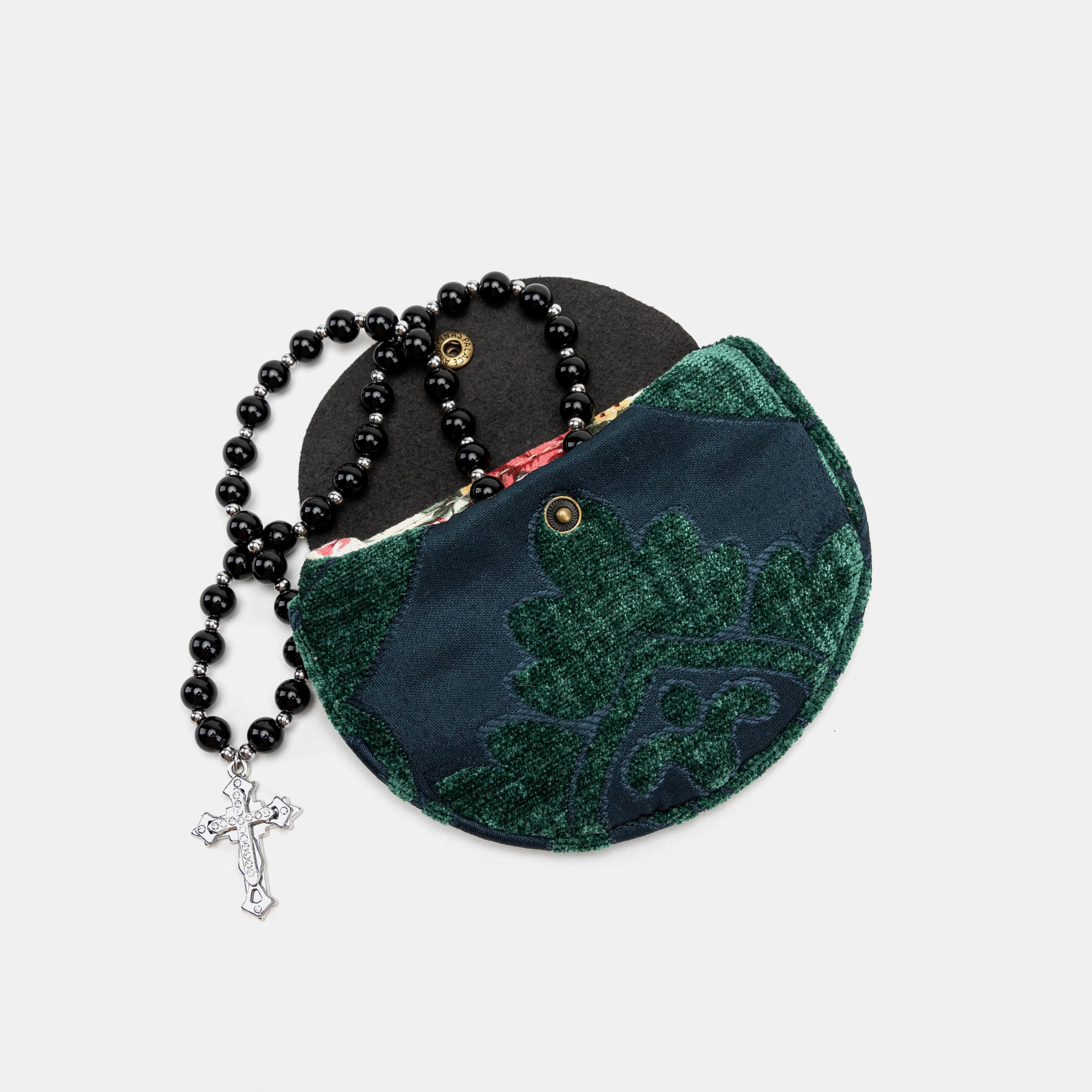 Queen Hunter Green Rosary Bag Carpetbag of America with rosary beads