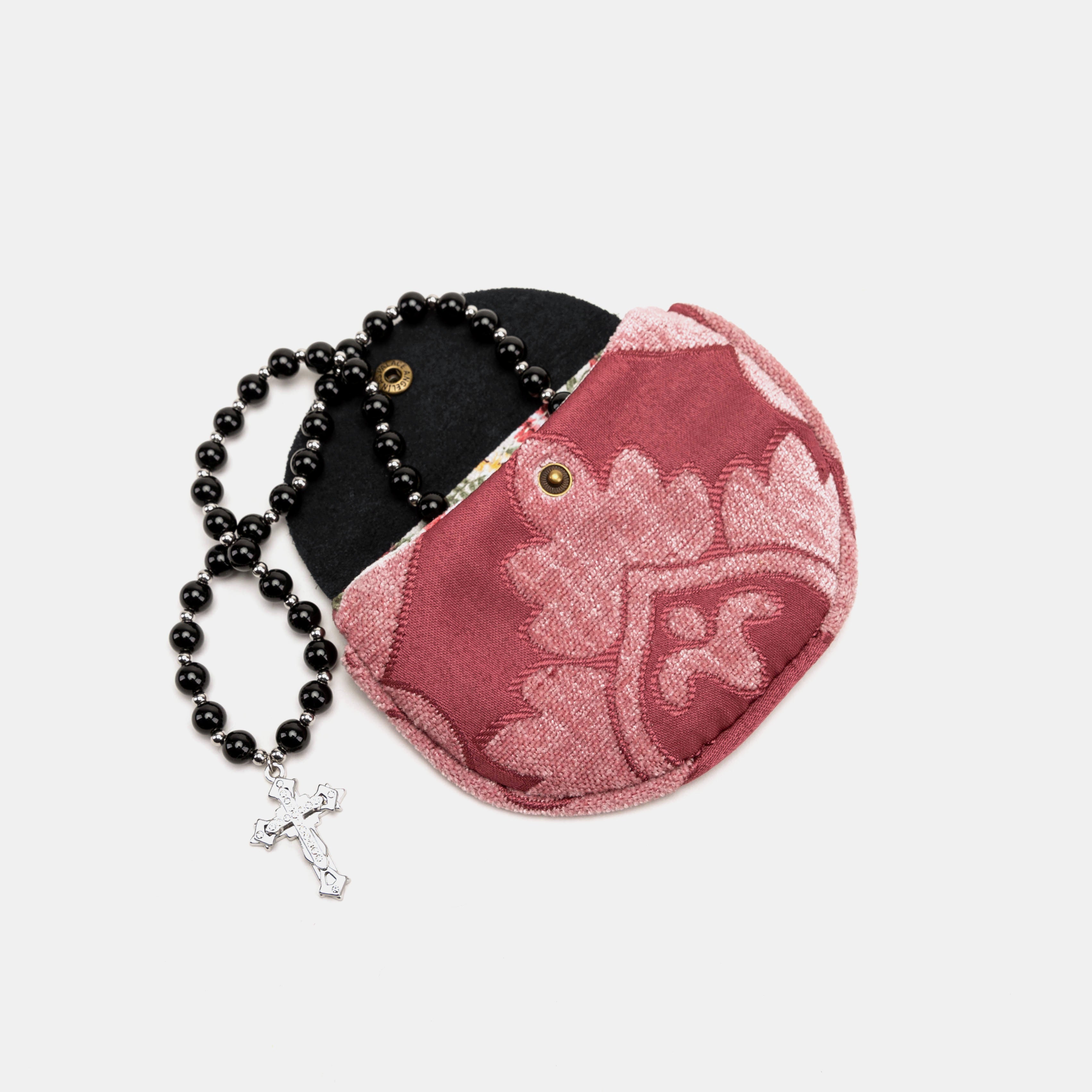 Queen Rose Pink Rosary Bag Carpetbag of America with rosary beads