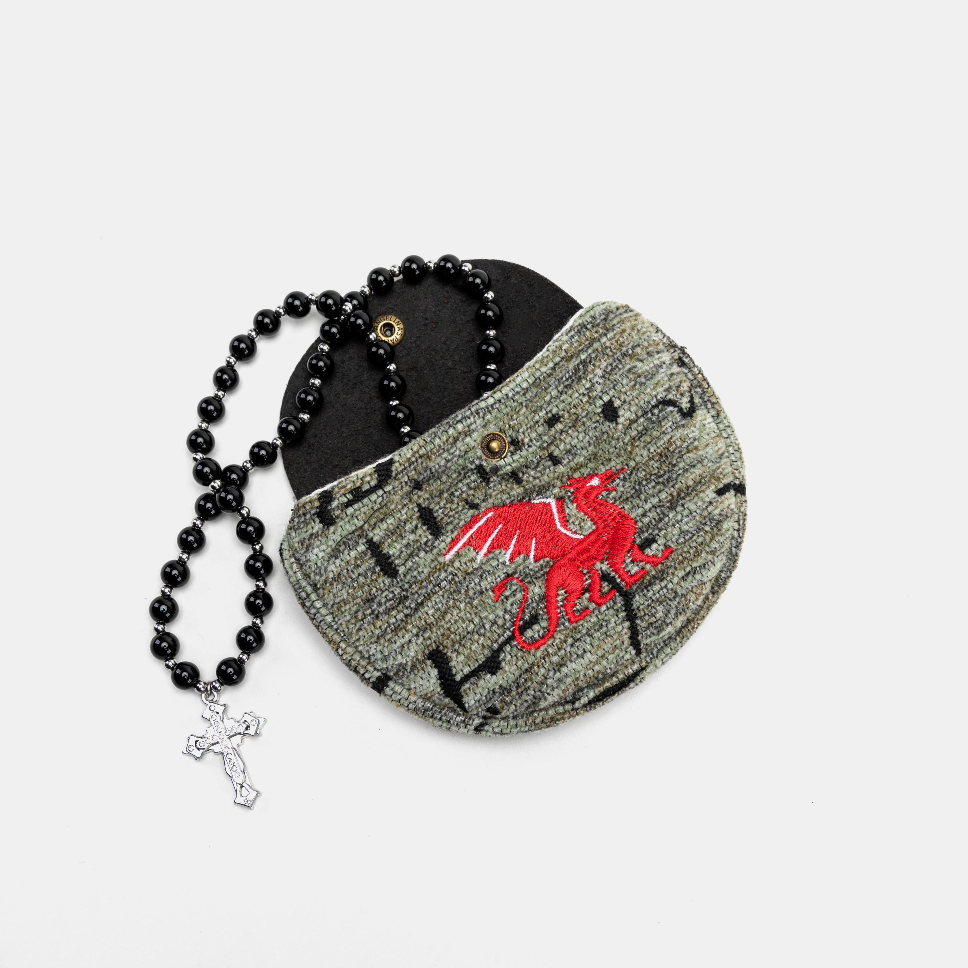 Here Be Dragons Rosary Bag Carpetbag of America with rosary beads