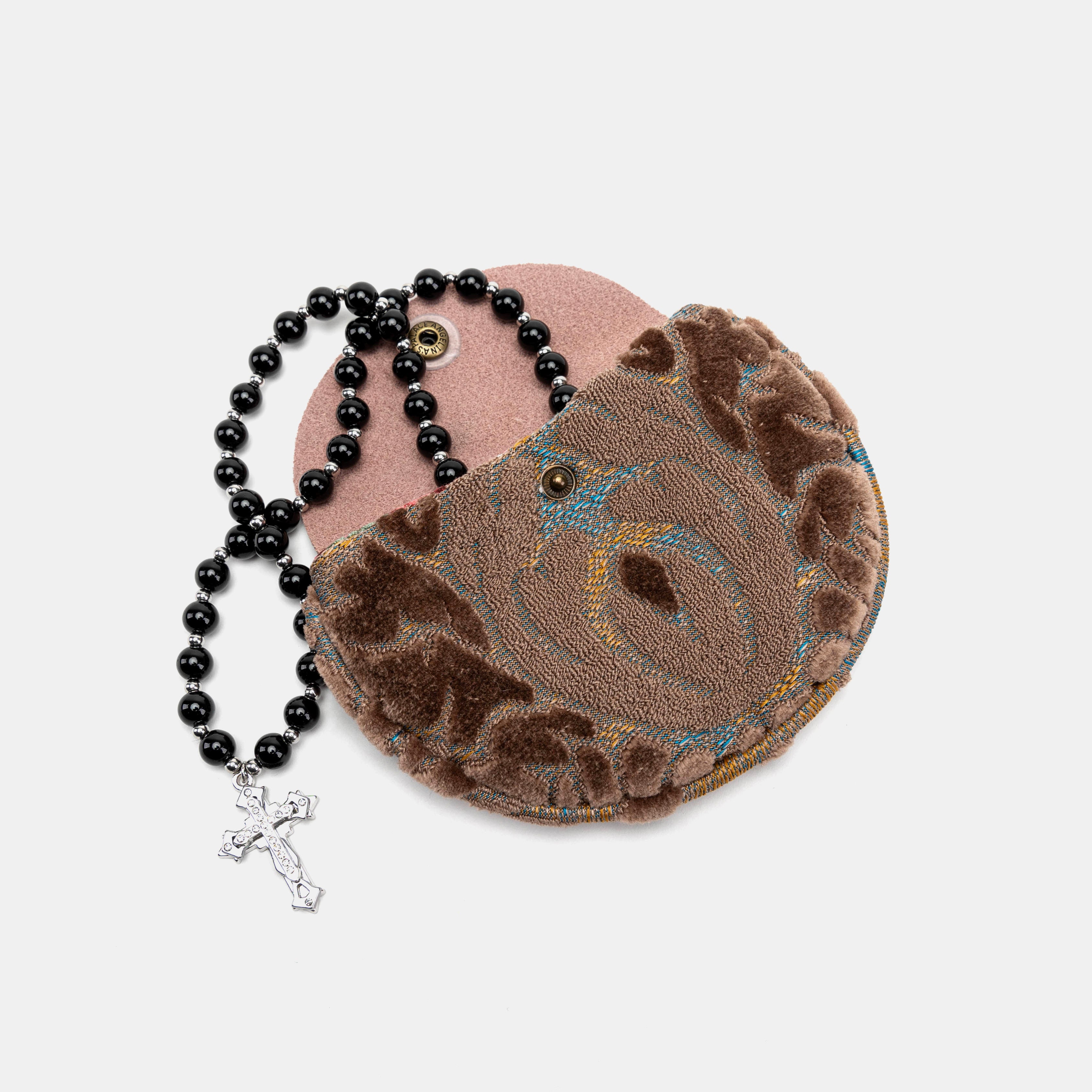 Burnout Velvet Camel Rosary Bag Carpetbag of America with rosary beads