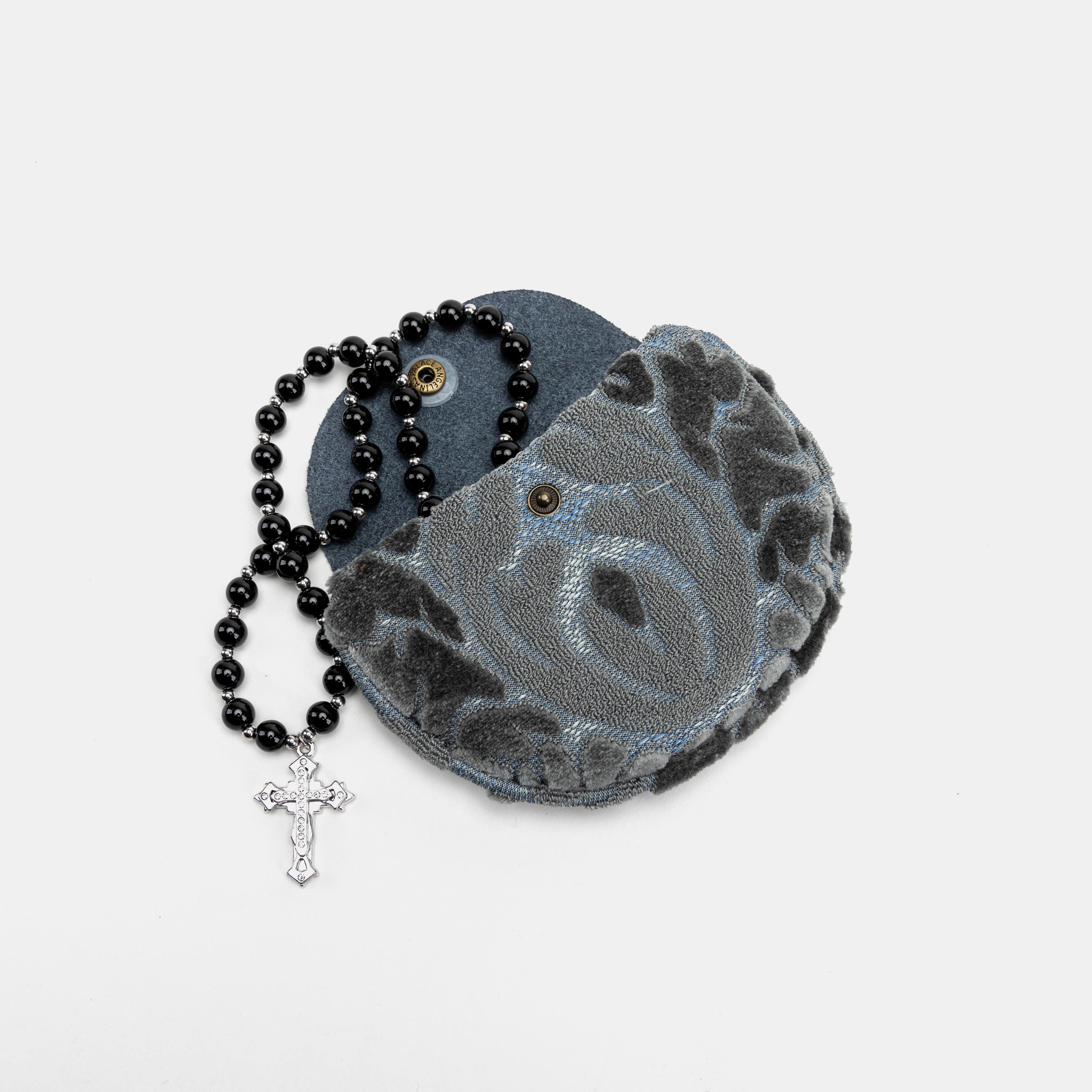 Burnout Velvet Steel Blue Rosary Bag with rosary beads