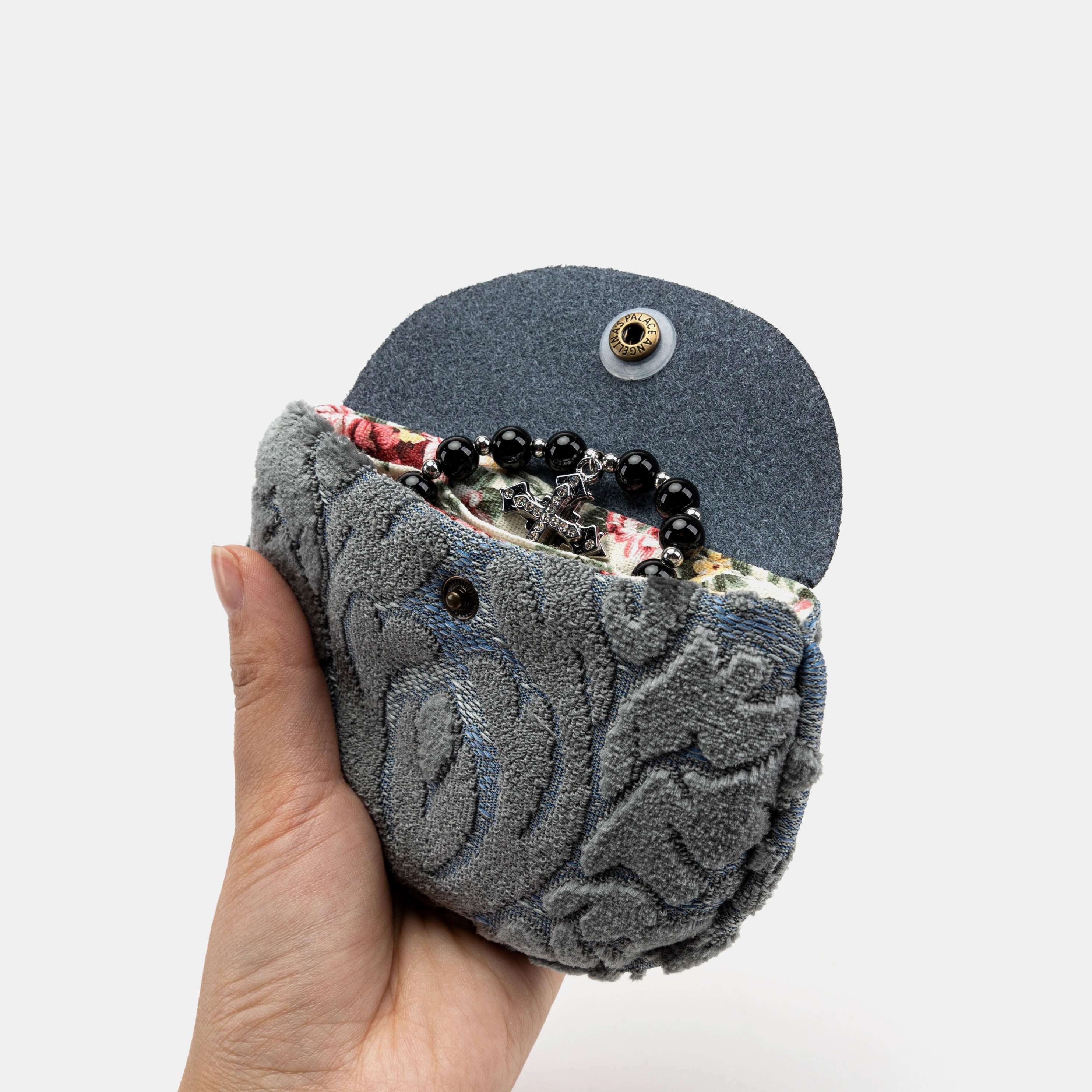 Burnout Velvet Steel Blue Rosary Bag opening