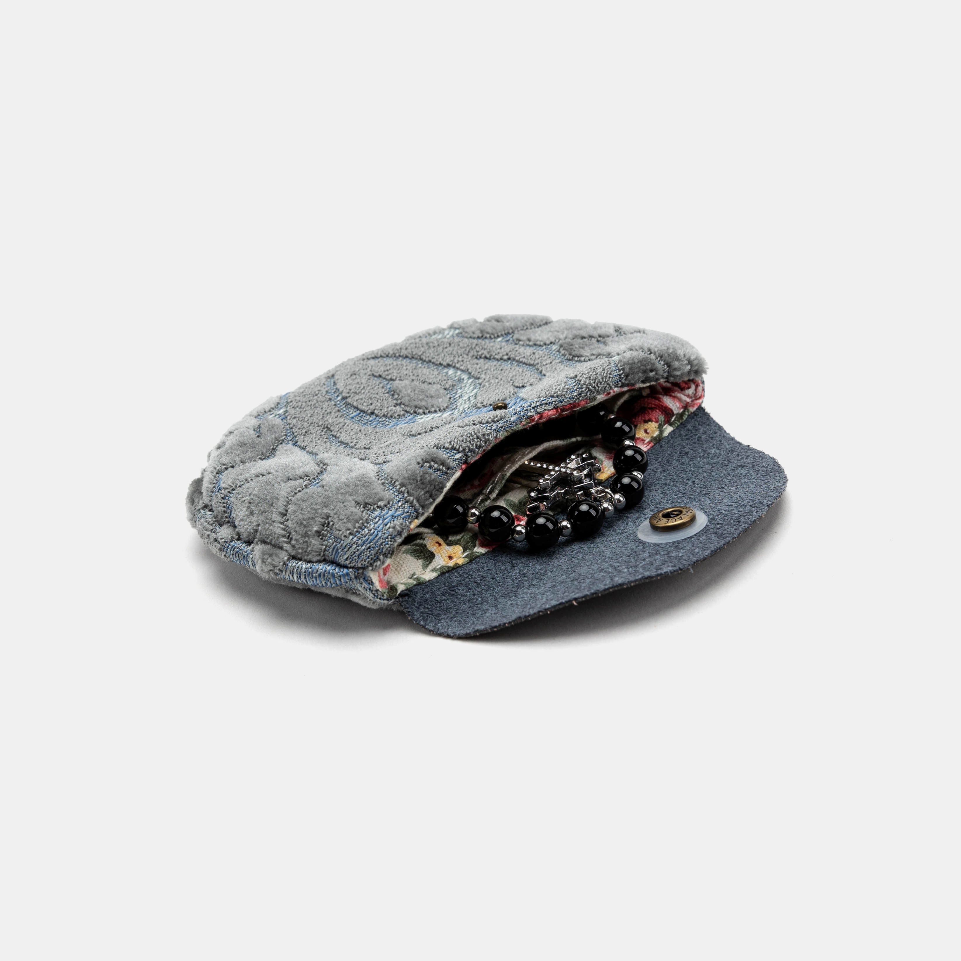 Burnout Velvet Steel Blue Rosary Bag in use