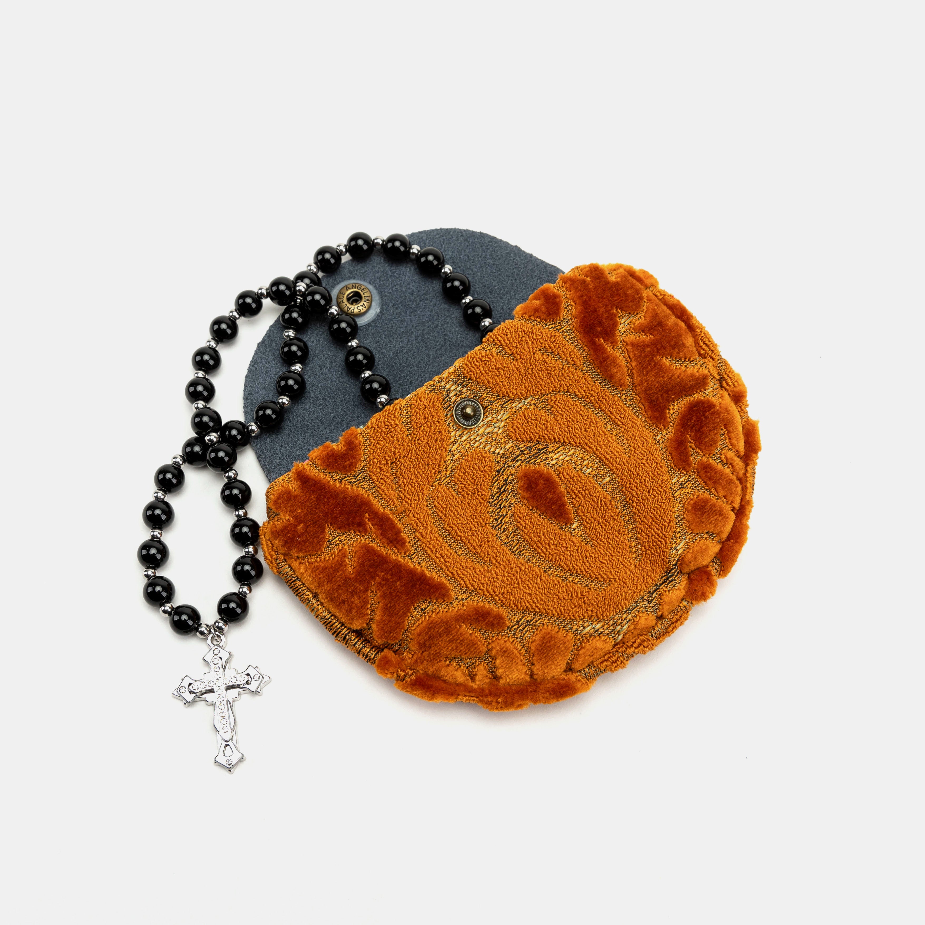 Burnout Velvet Orange Rosary Bag with rosary beads