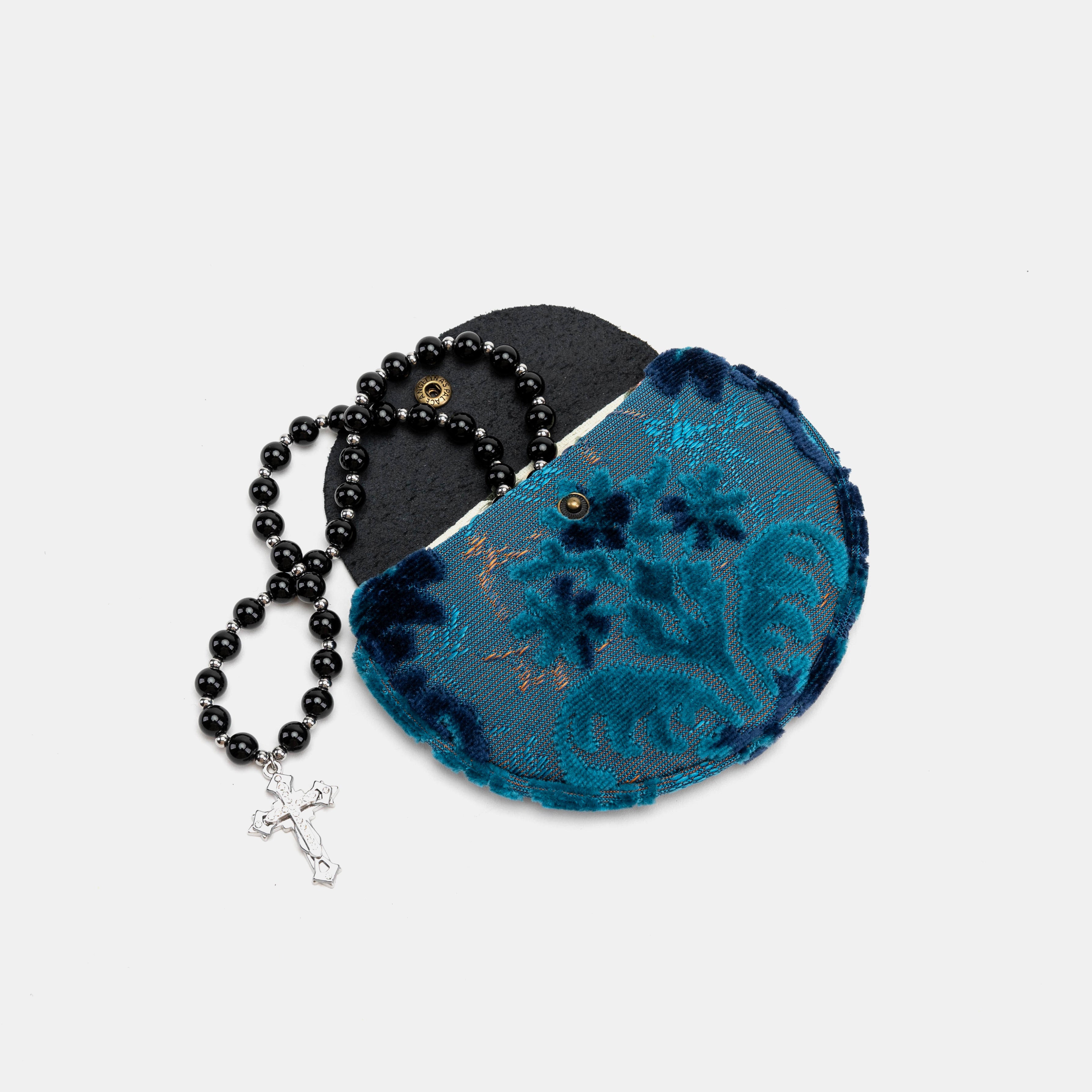 Burnout Velvet Revival Aqua Rosary Bag Carpetbag of America with rosary beads