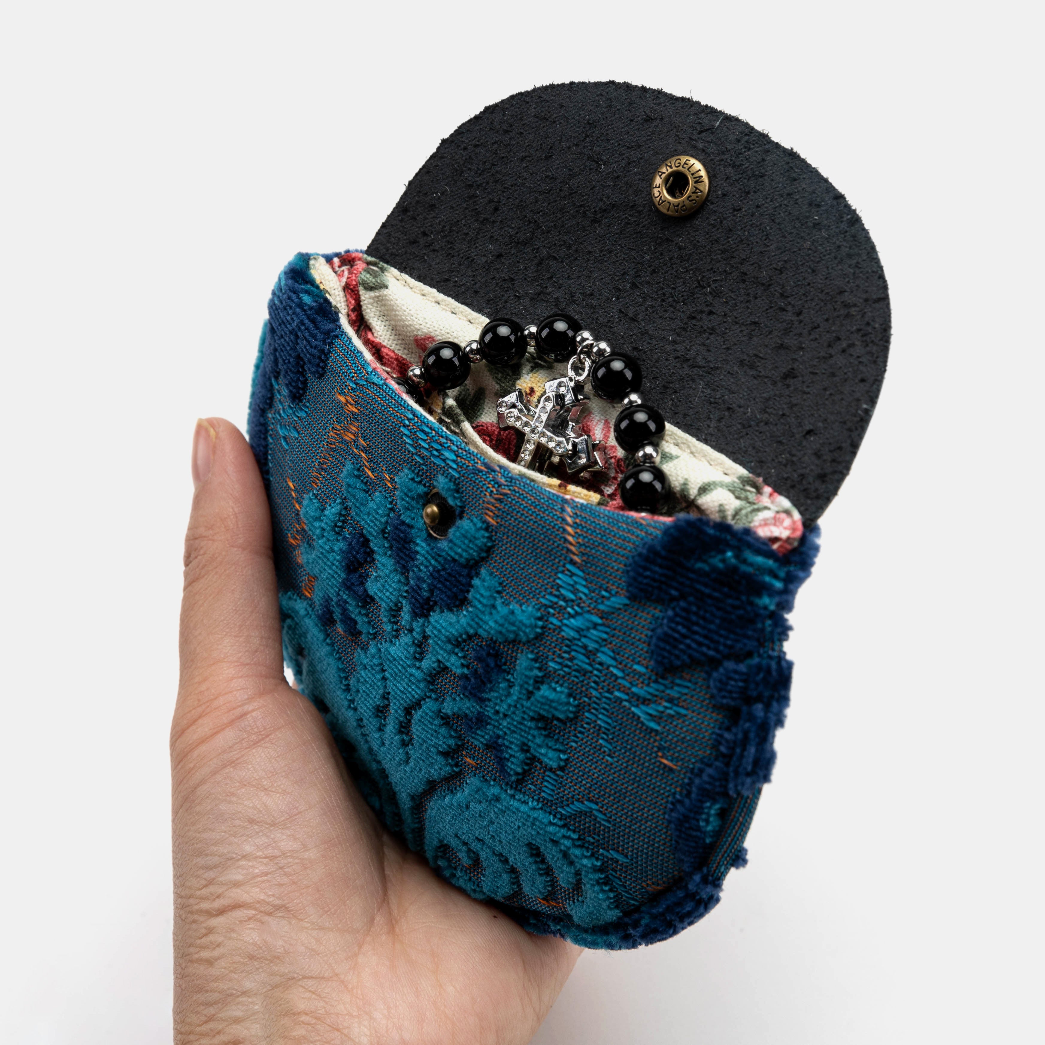 Burnout Velvet Revival Aqua Rosary Bag Carpetbag of America opening