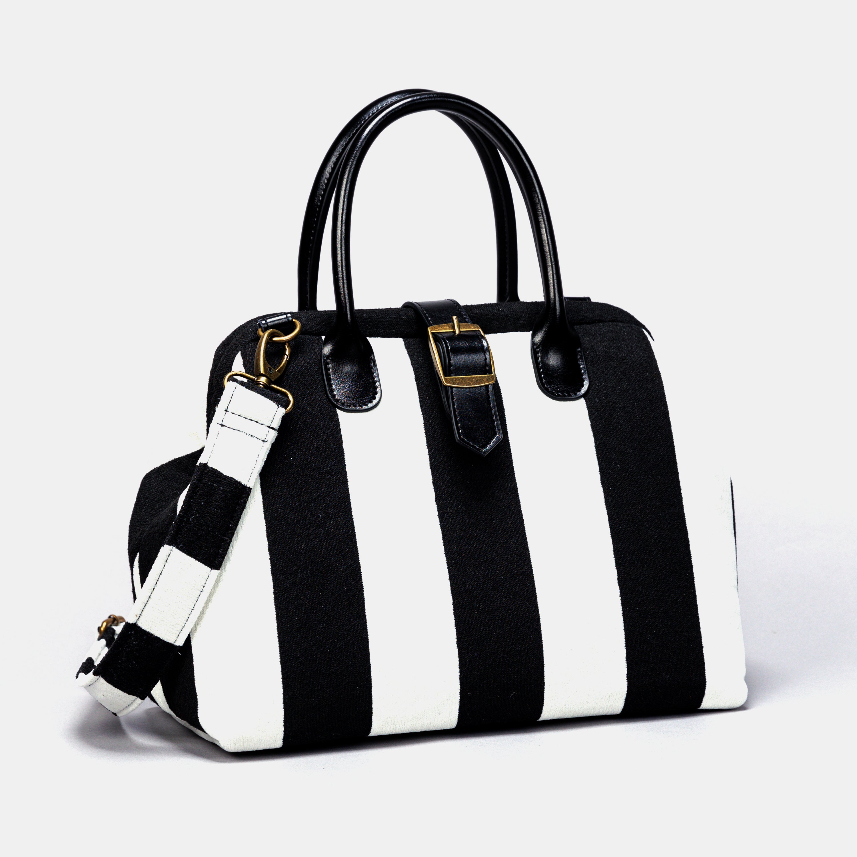 Black & White Carpet Handbag Purse with belt side view