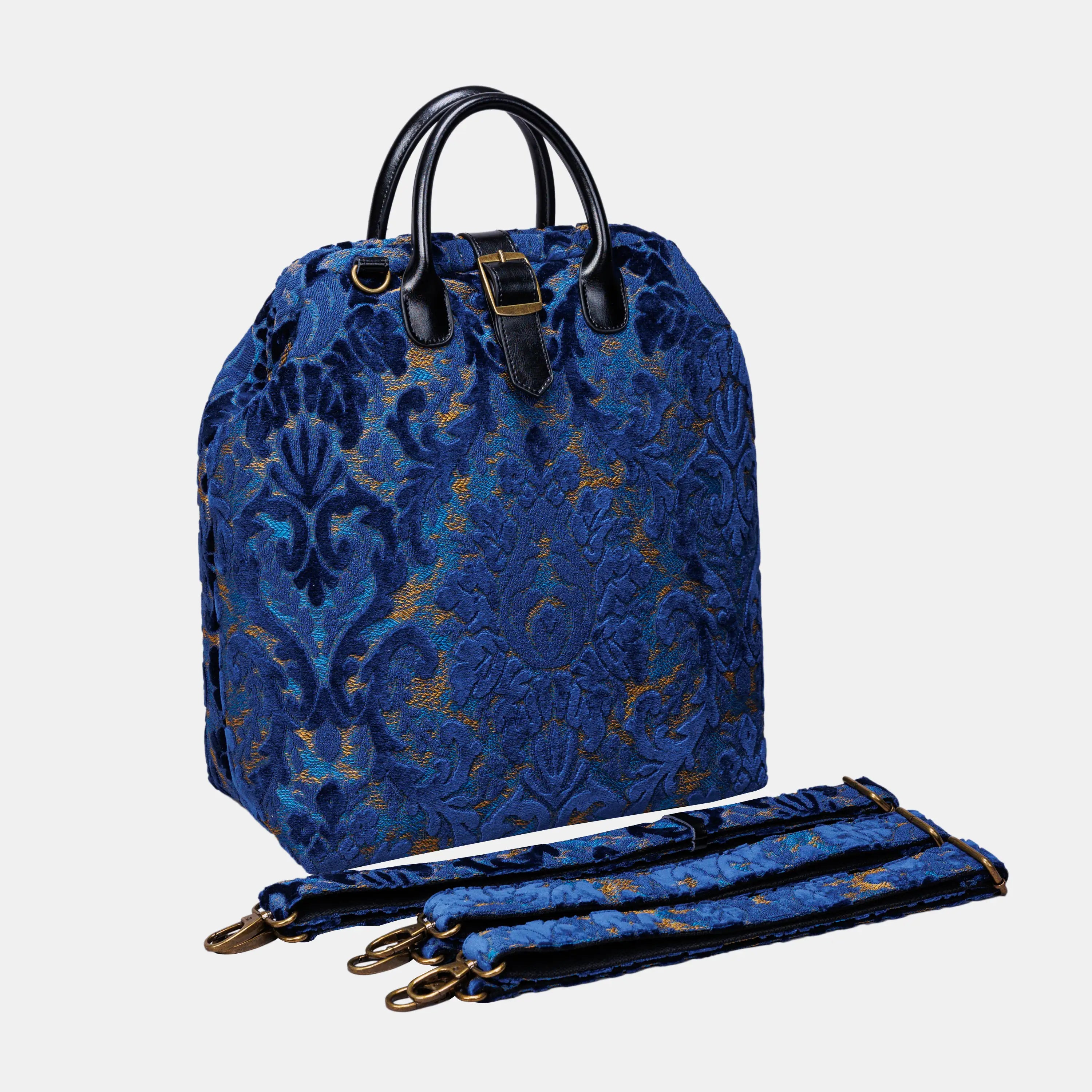 Burnout Velvet Navy Carpet Laptop Backpack Carpetbag of America with shoulder straps