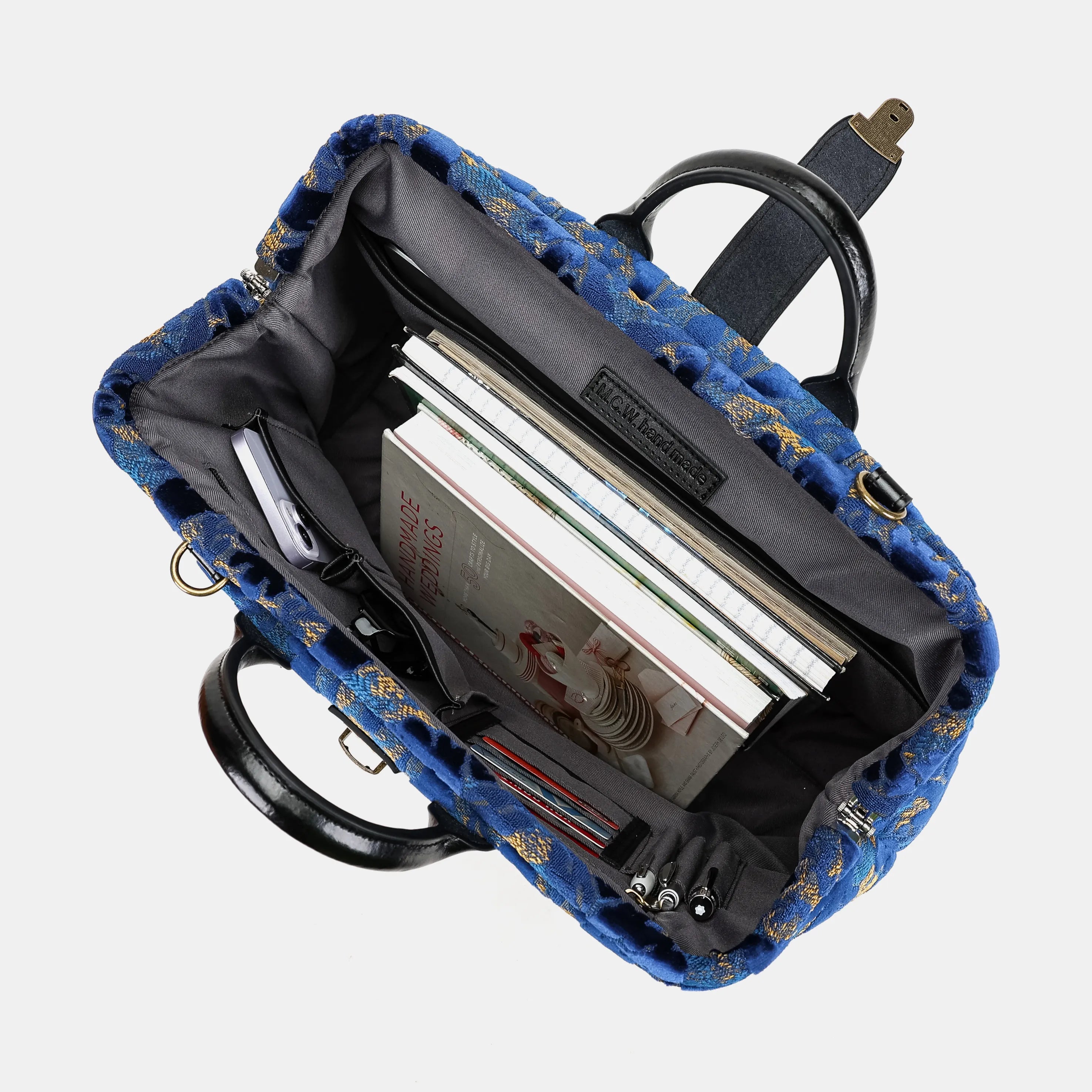 Burnout Velvet Navy Laptop Work Bag with books