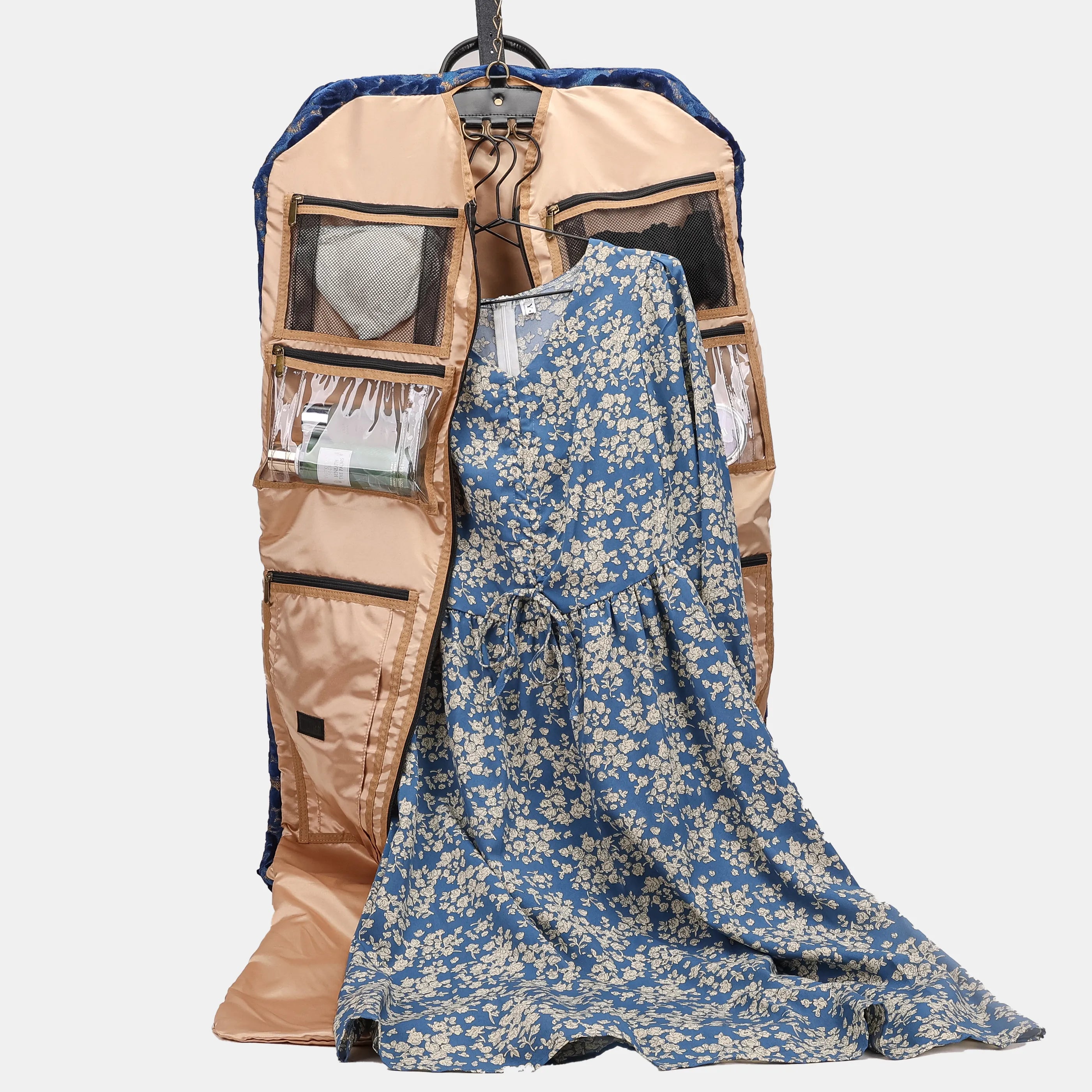 Burnout Velvet Navy Carpet Garment Bag Carpetbag of America in use