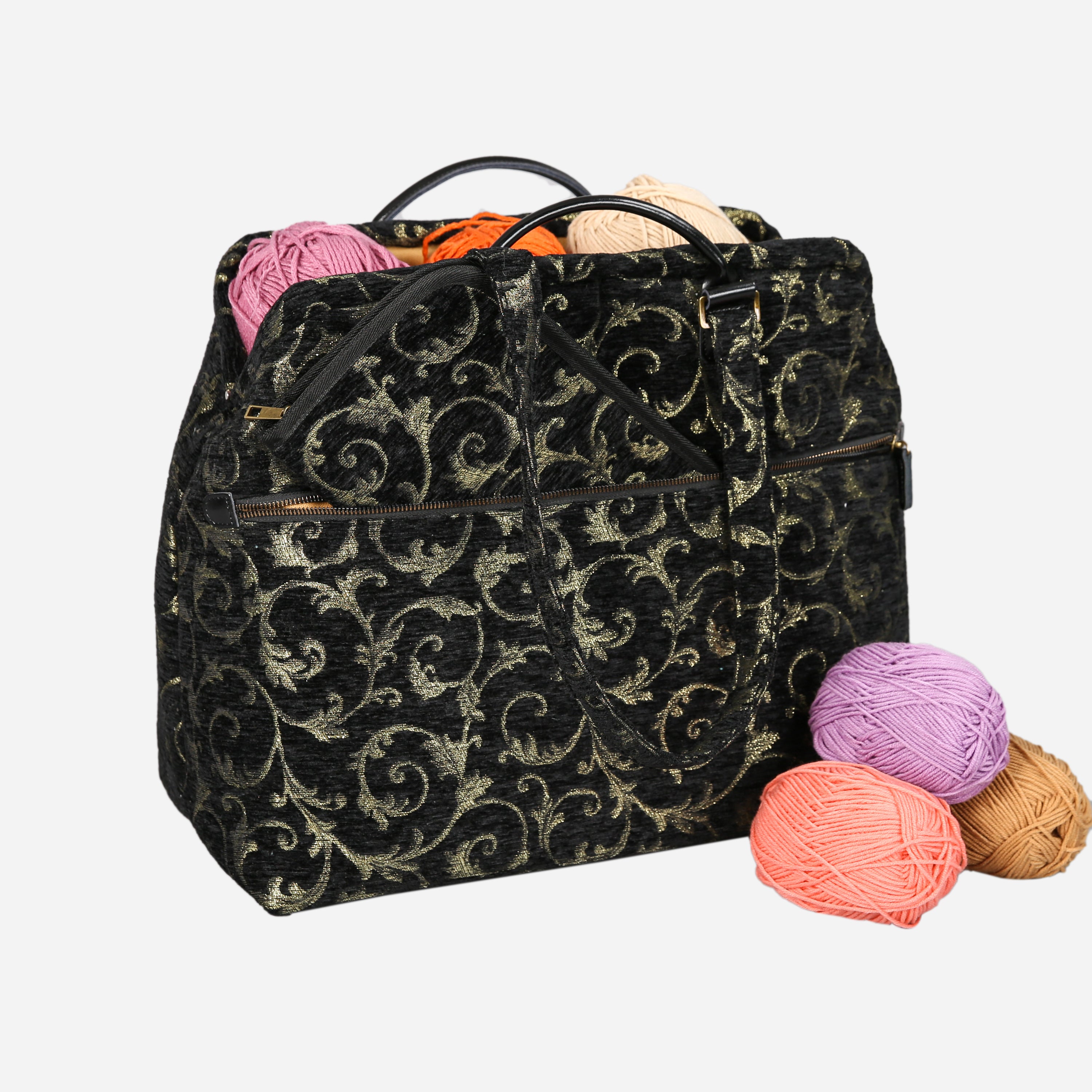 Vintage Scroll Black Knitting Project Bag MCW Handmade-2