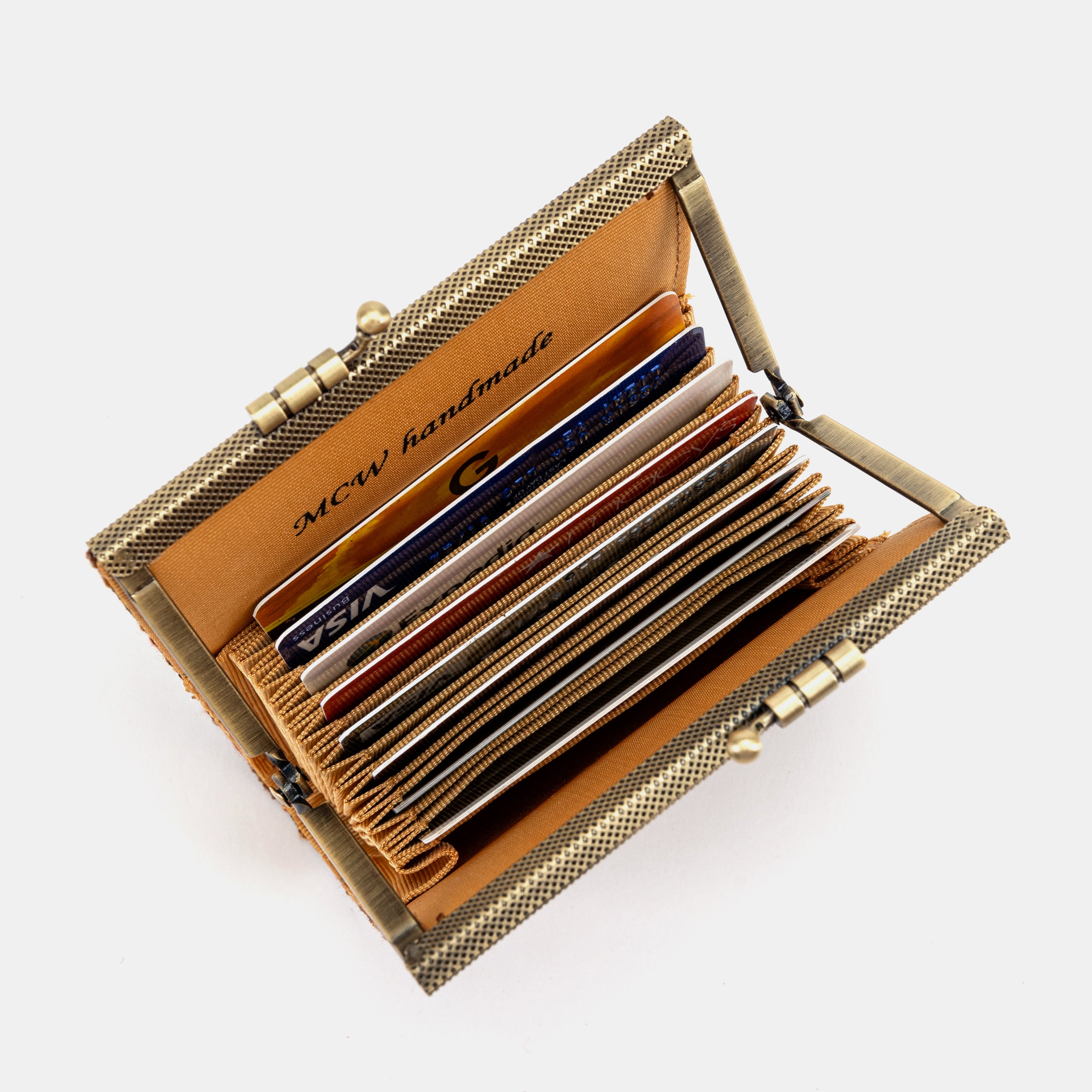 Damask D. Brown Card Wallet Carpetbag of America opening with cards