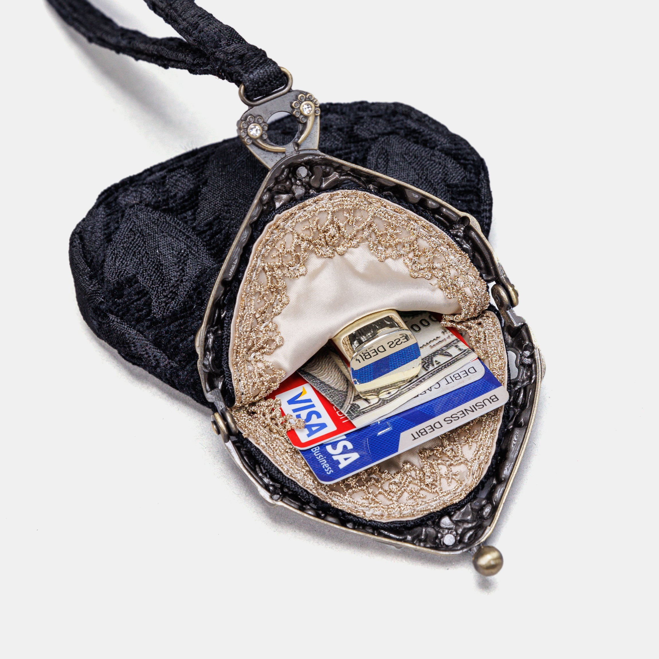 Victorian Blossom BLK/BLK Chatelaine Purse Wristlet Bag carpet bag MCW Handmade-2