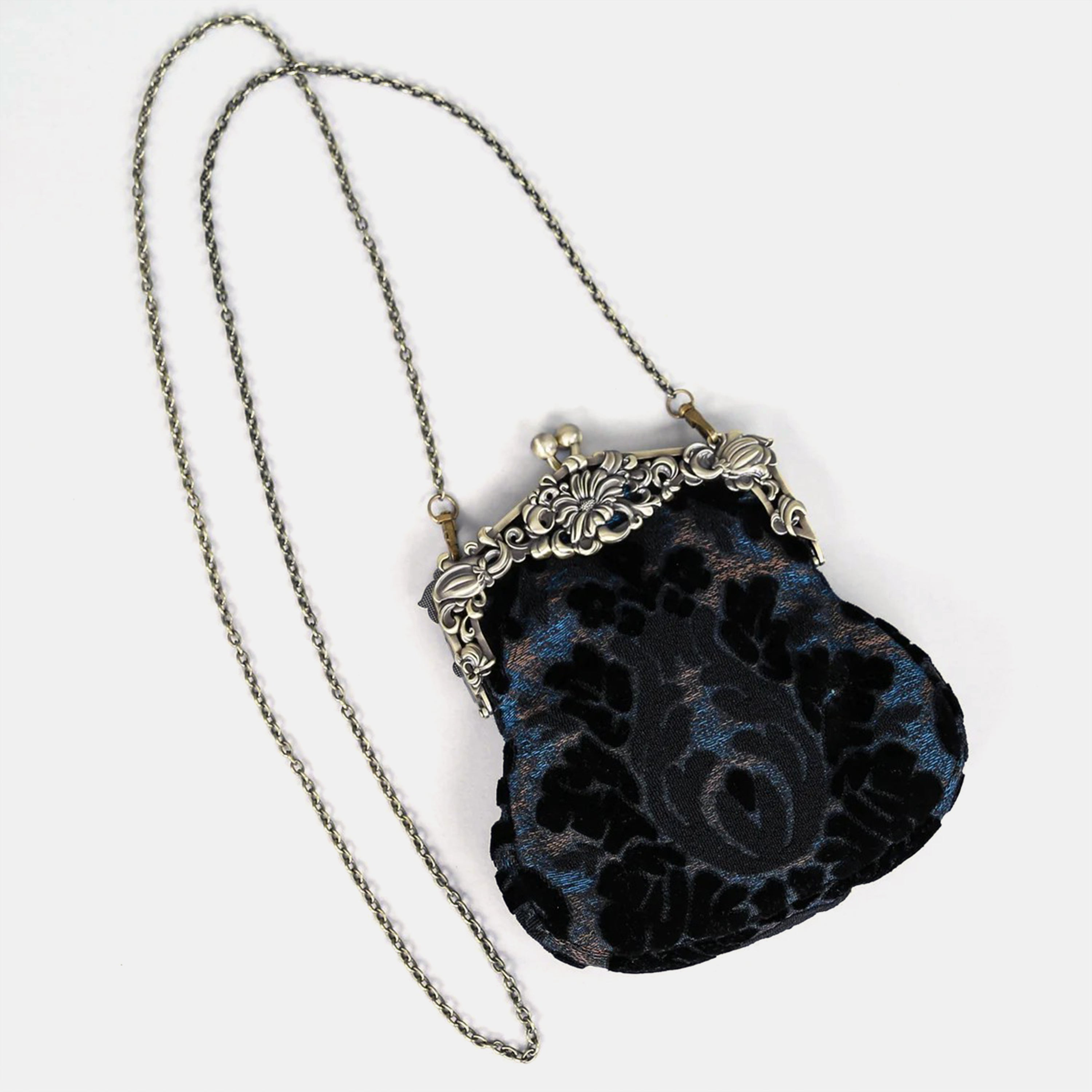 Burnout Velvet Black Chatelaine Purse Large carpet bag MCW Handmade-2